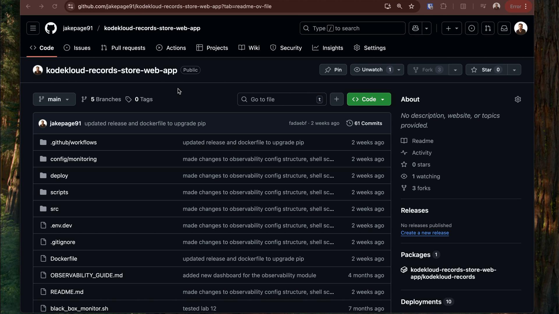 A screenshot of a GitHub repository page for "kodekloud-records-store-web-app" showing the file and folder list, branches, and recent commits. The right sidebar displays the repo's About section, releases, and package/deployment info.