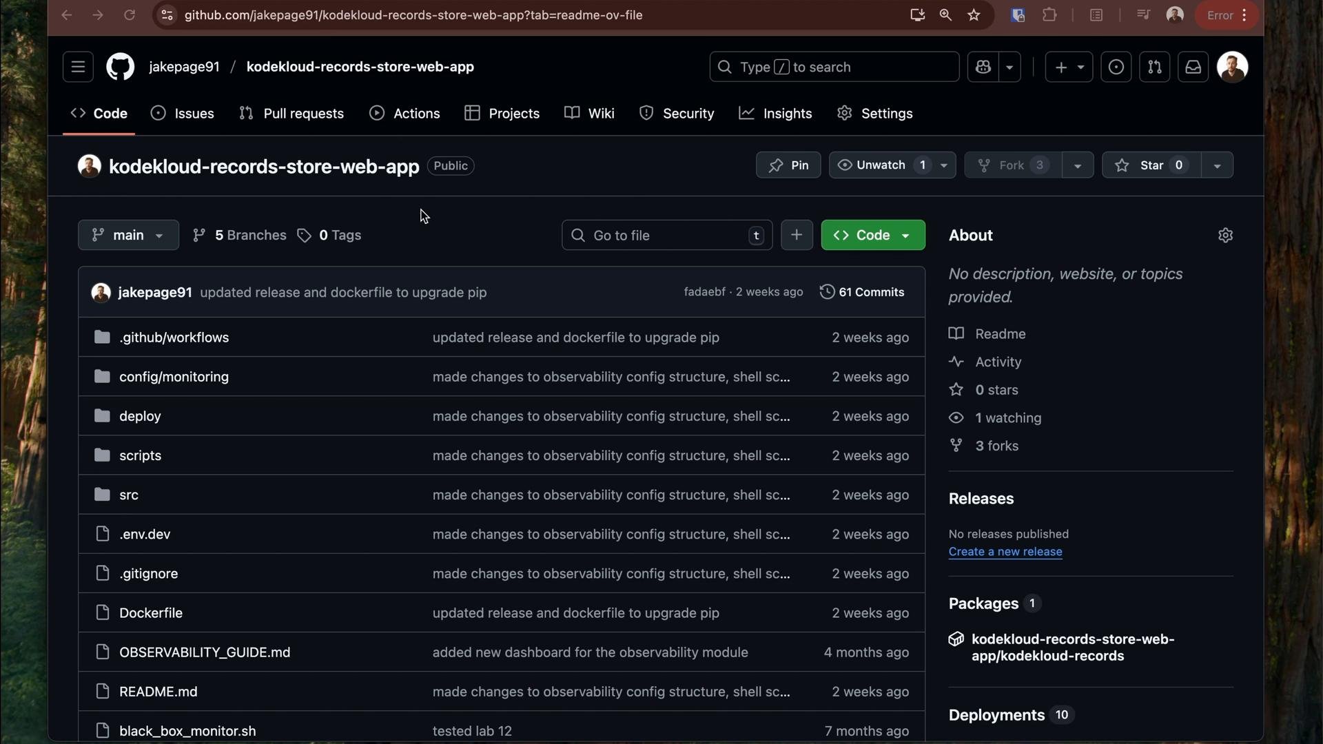 A screenshot of a GitHub repository page for "kodekloud-records-store-web-app" showing the file and folder list, branches, and recent commits. The right sidebar displays the repo's About section, releases, and package/deployment info.