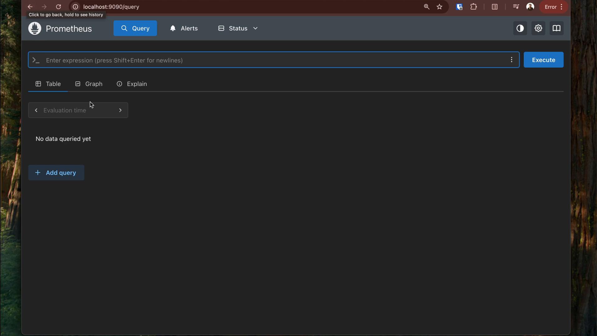 A screenshot of the Prometheus web UI (localhost:9090) showing the Query page with an empty expression input, an "Execute" button, and the message "No data queried yet." The interface also shows tabs for Table/Graph/Explain and a visible "Add query" button.