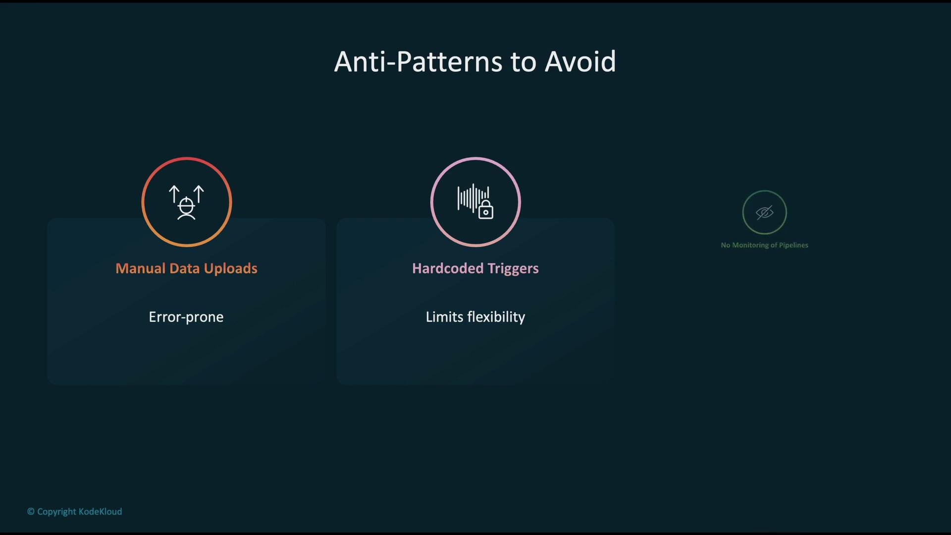 The image lists "Anti-Patterns to Avoid," featuring "Manual Data Uploads" described as error-prone, "Hardcoded Triggers" which limit flexibility, and "No Monitoring of Pipelines."