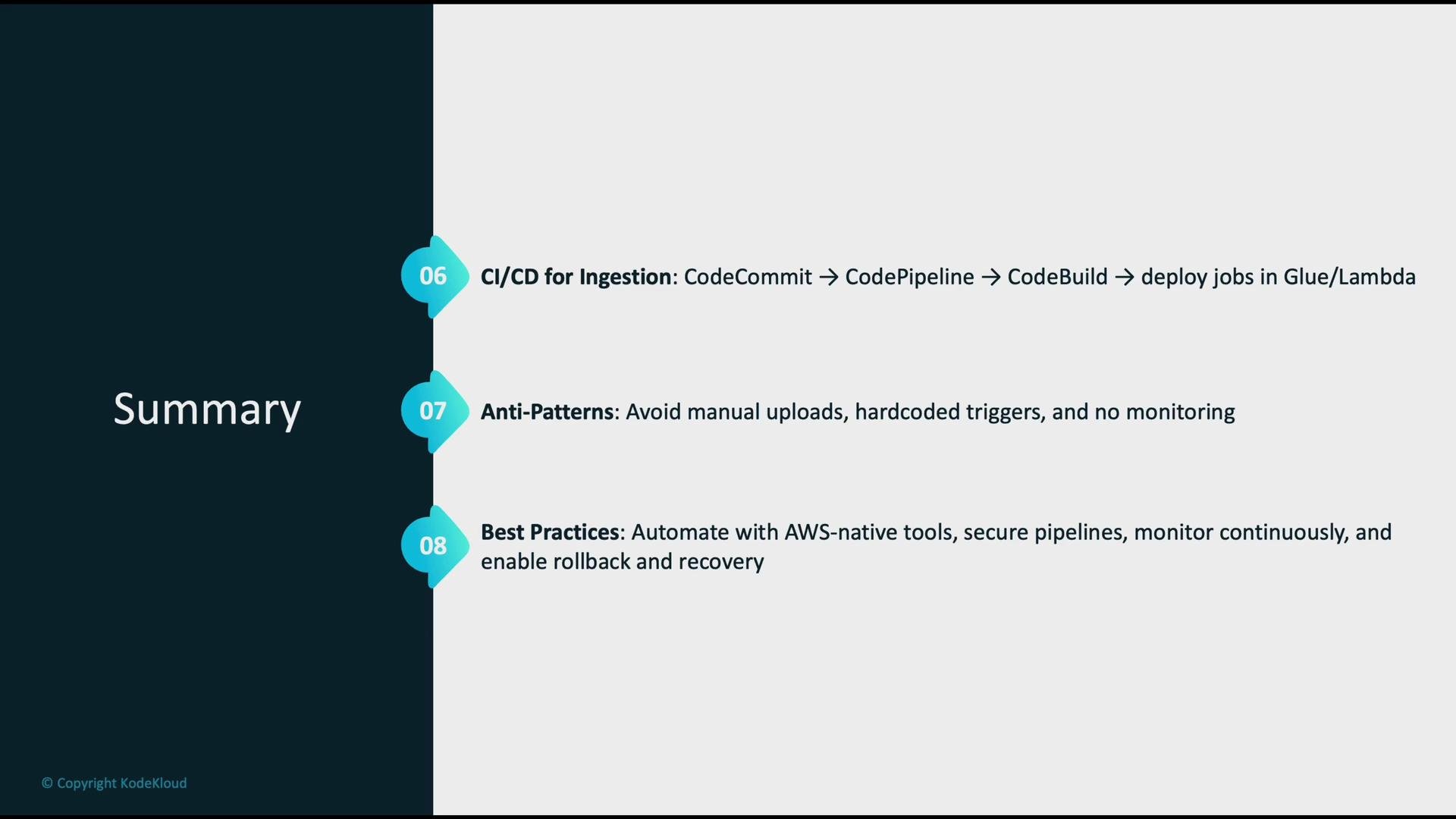 The image is a summary slide outlining points about CI/CD for ingestion using AWS tools, avoiding anti-patterns like manual uploads, and following best practices for automation and monitoring.