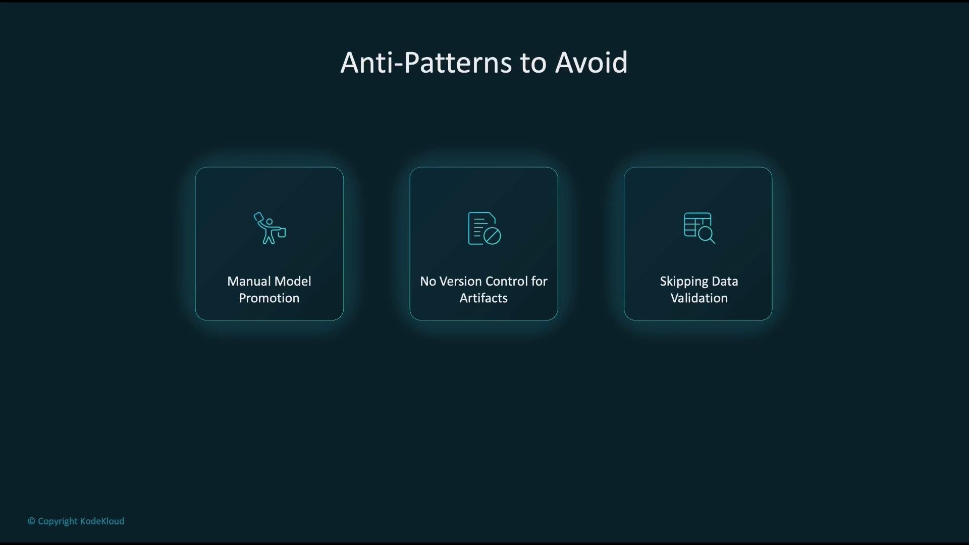 The image lists "Anti-Patterns to Avoid" in technical processes, including manual model promotion, lack of version control for artifacts, and skipping data validation.