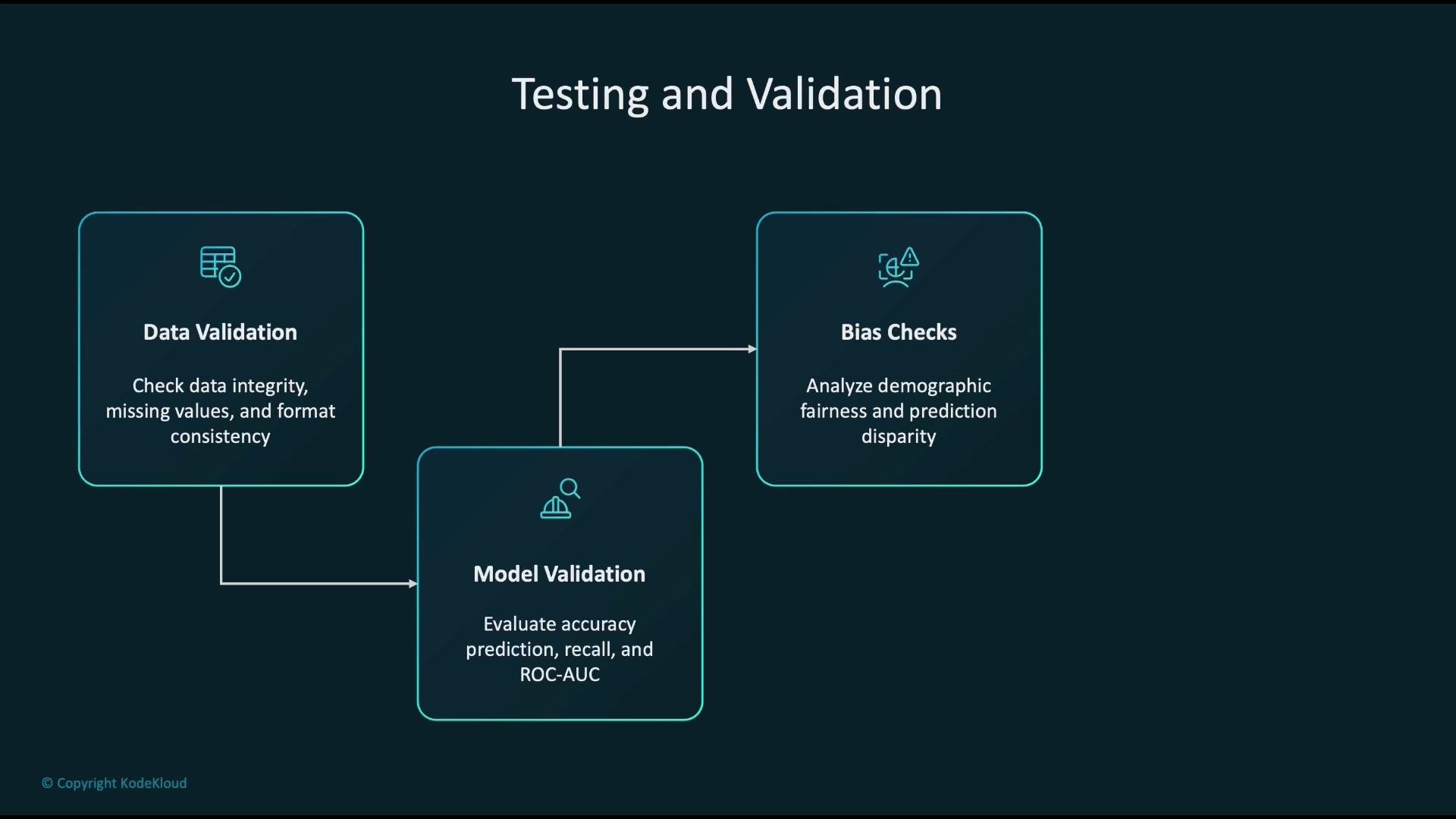 The image outlines a process for testing and validation, including data validation, model validation, and bias checks. Each step focuses on ensuring data integrity, evaluating model accuracy, and analyzing demographic fairness.