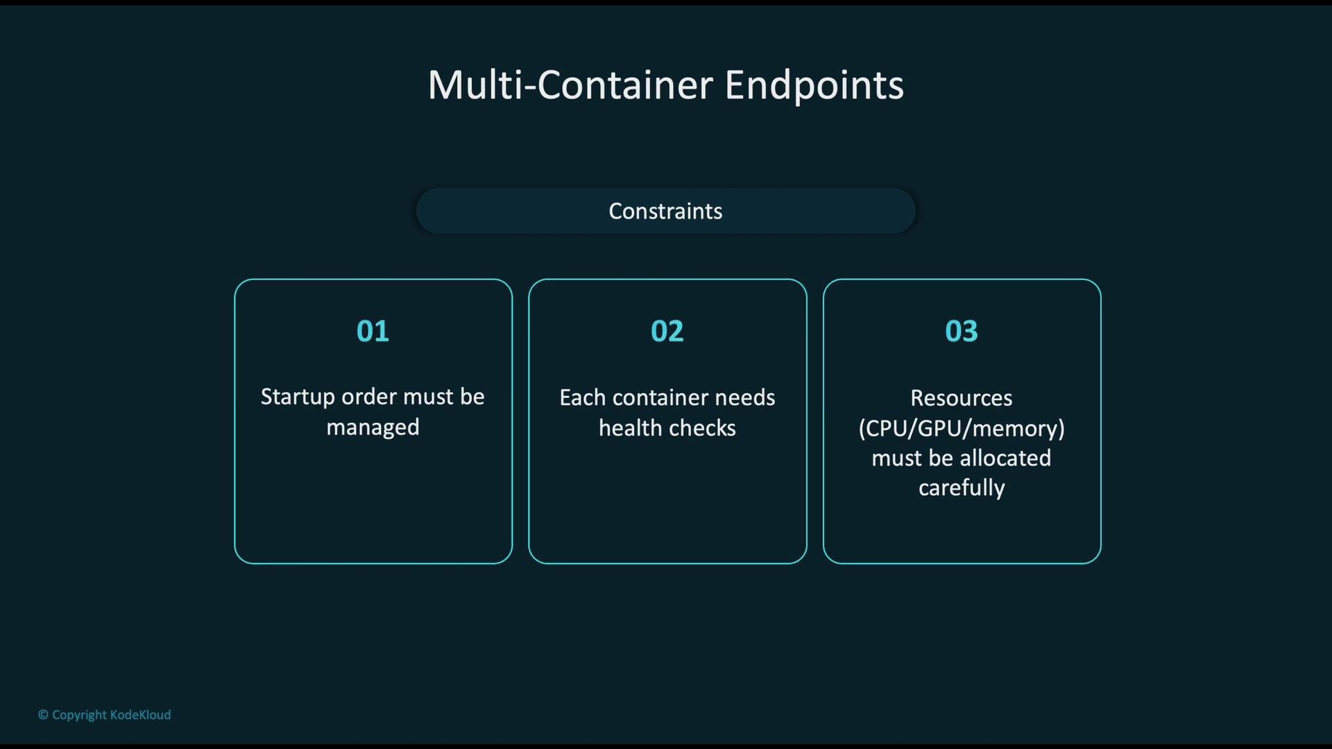 The image outlines constraints for multi-container endpoints, emphasizing startup order management, health checks, and careful resource allocation (CPU/GPU/memory).