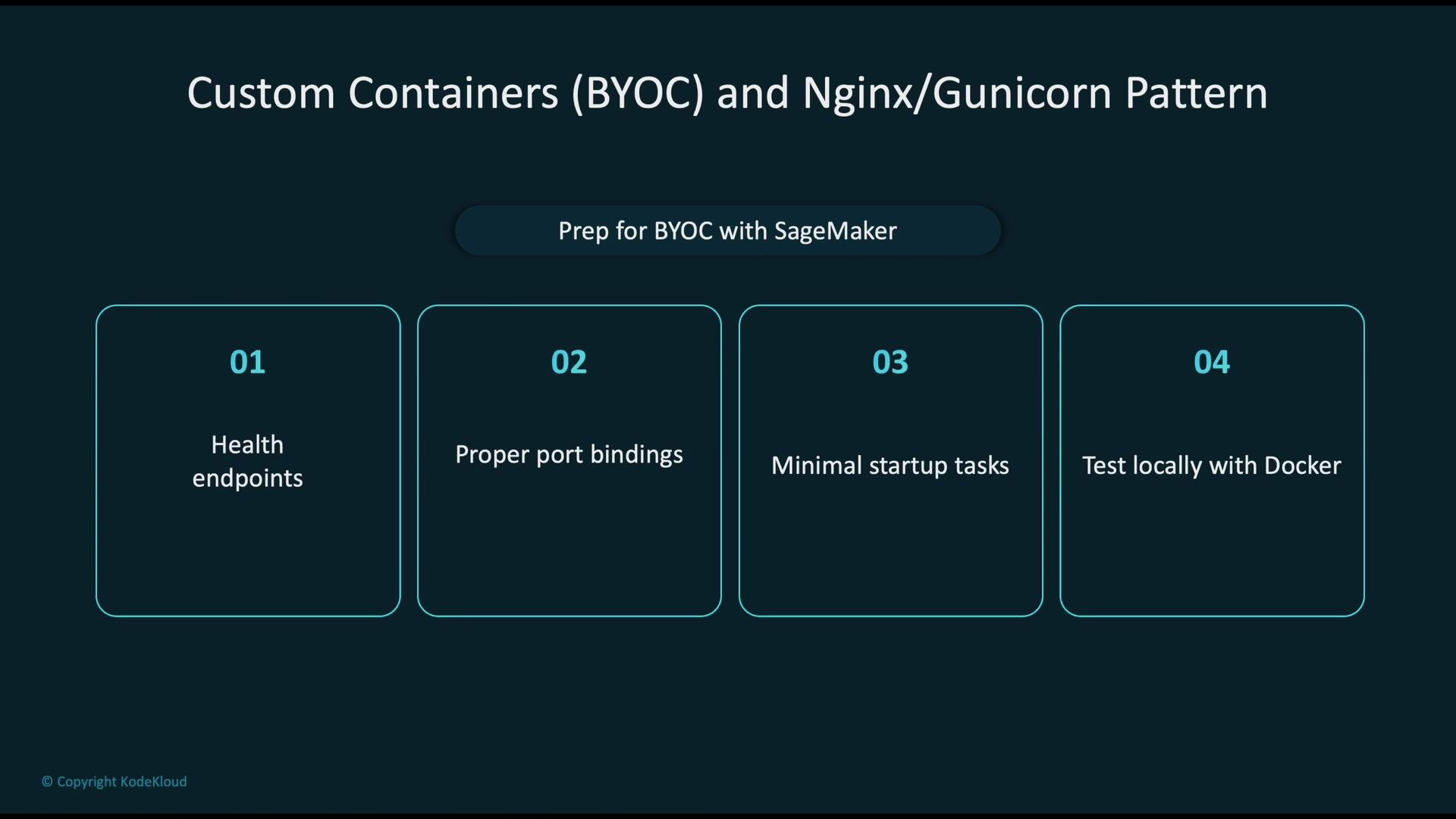 The image outlines four preparation steps for using custom containers with SageMaker: health endpoints, proper port bindings, minimal startup tasks, and testing locally with Docker.