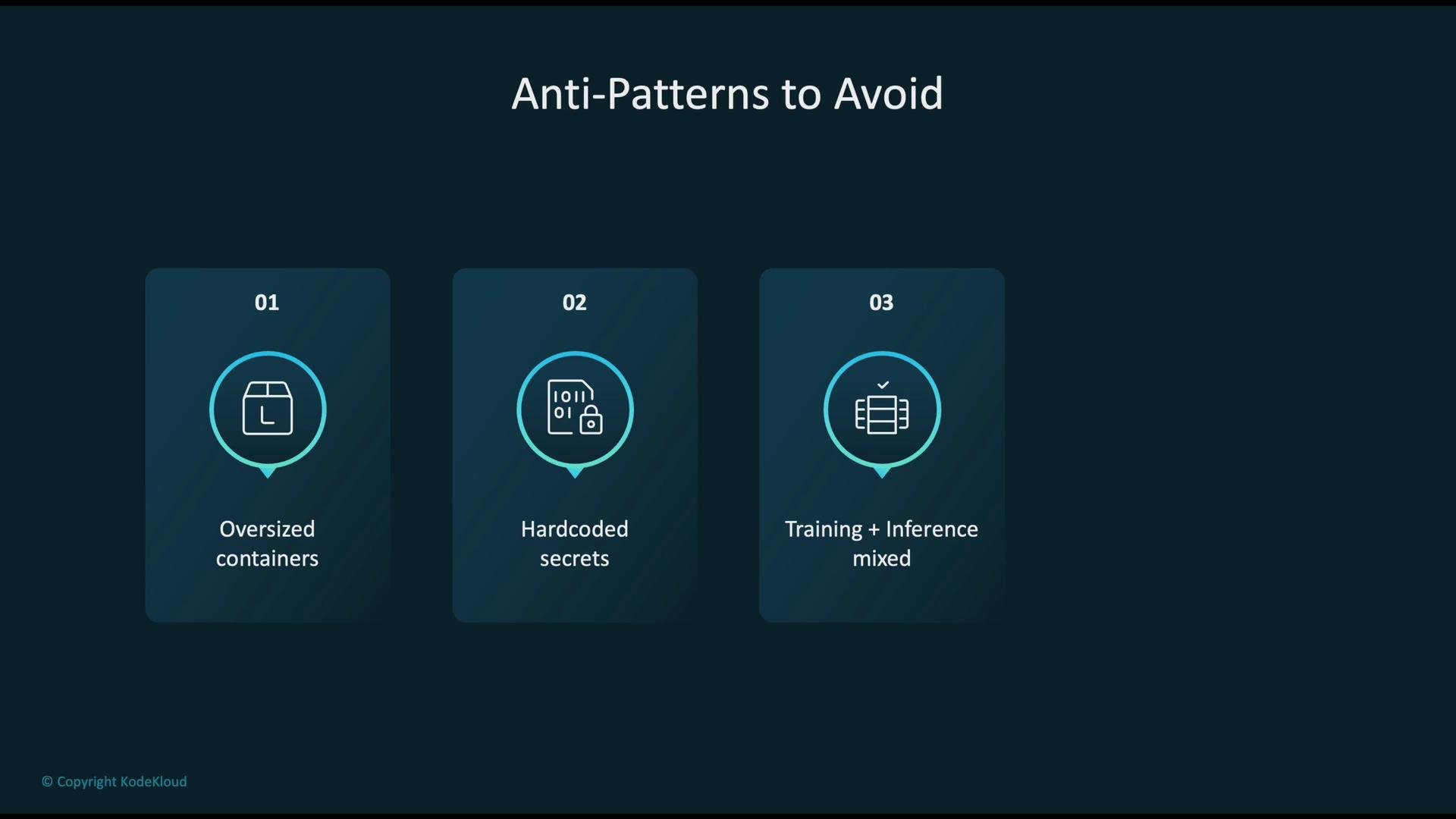 The image lists three anti-patterns to avoid: oversized containers, hardcoded secrets, and mixing training with inference.