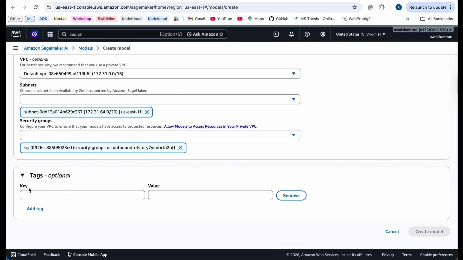 The image shows an Amazon SageMaker console interface for creating a model, with options for selecting VPC, subnets, and security groups. There is also a section for adding optional tags.
