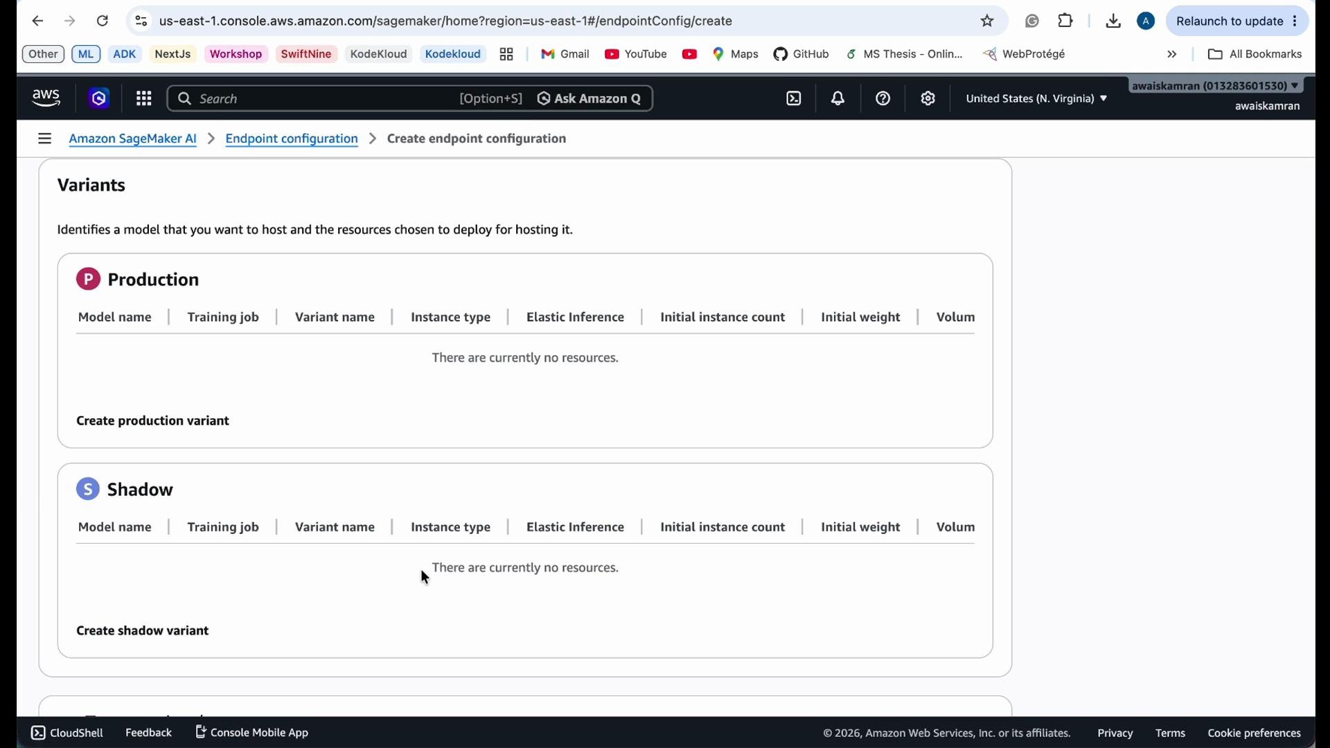 The image shows the AWS SageMaker console, specifically the "Create endpoint configuration" page, where users can configure production and shadow variants. There are currently no resources listed under both sections.