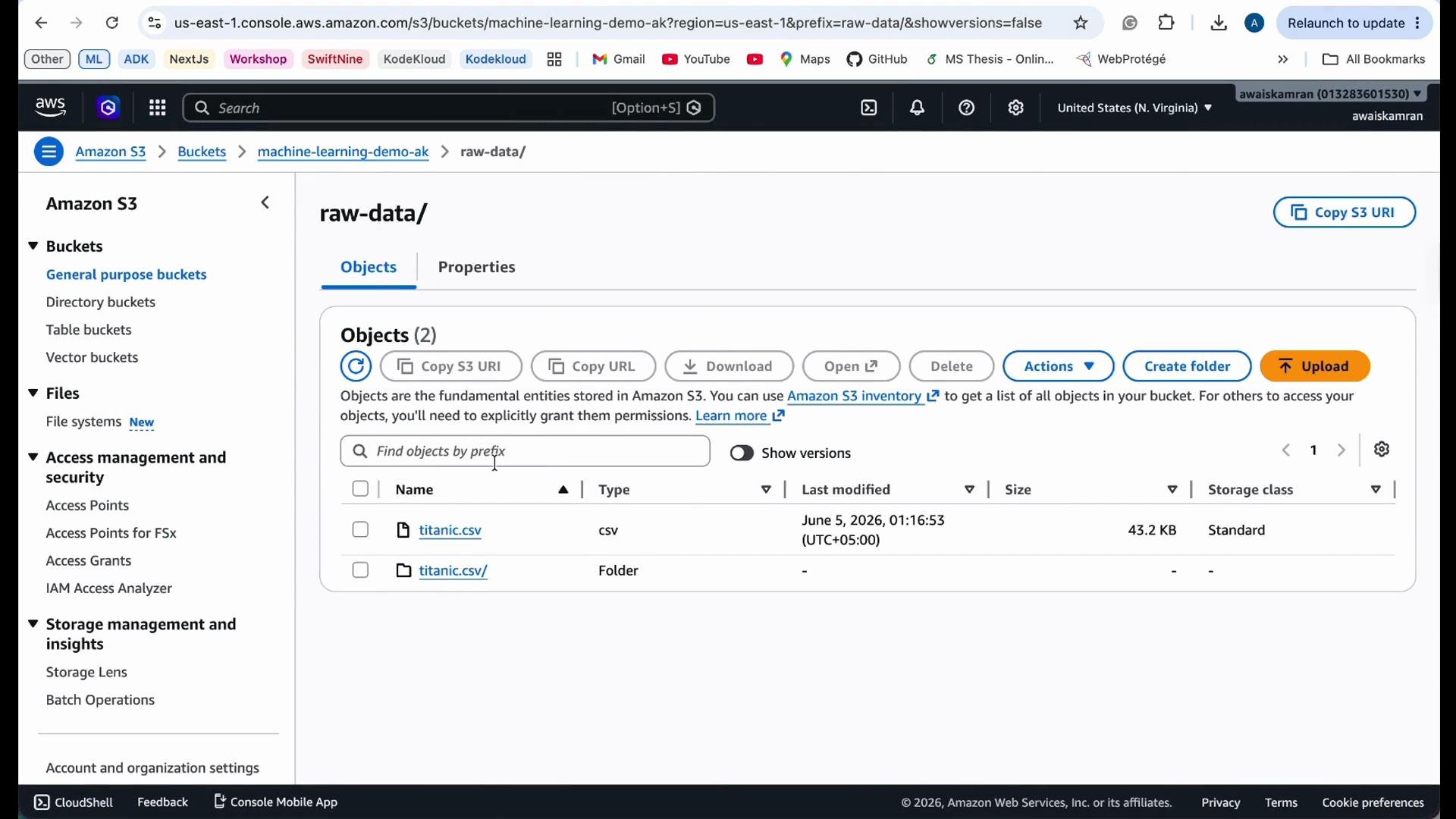 The image shows the Amazon S3 web interface with a bucket named "raw-data" containing two objects: "titanic.csv" and a folder named "titanic/".