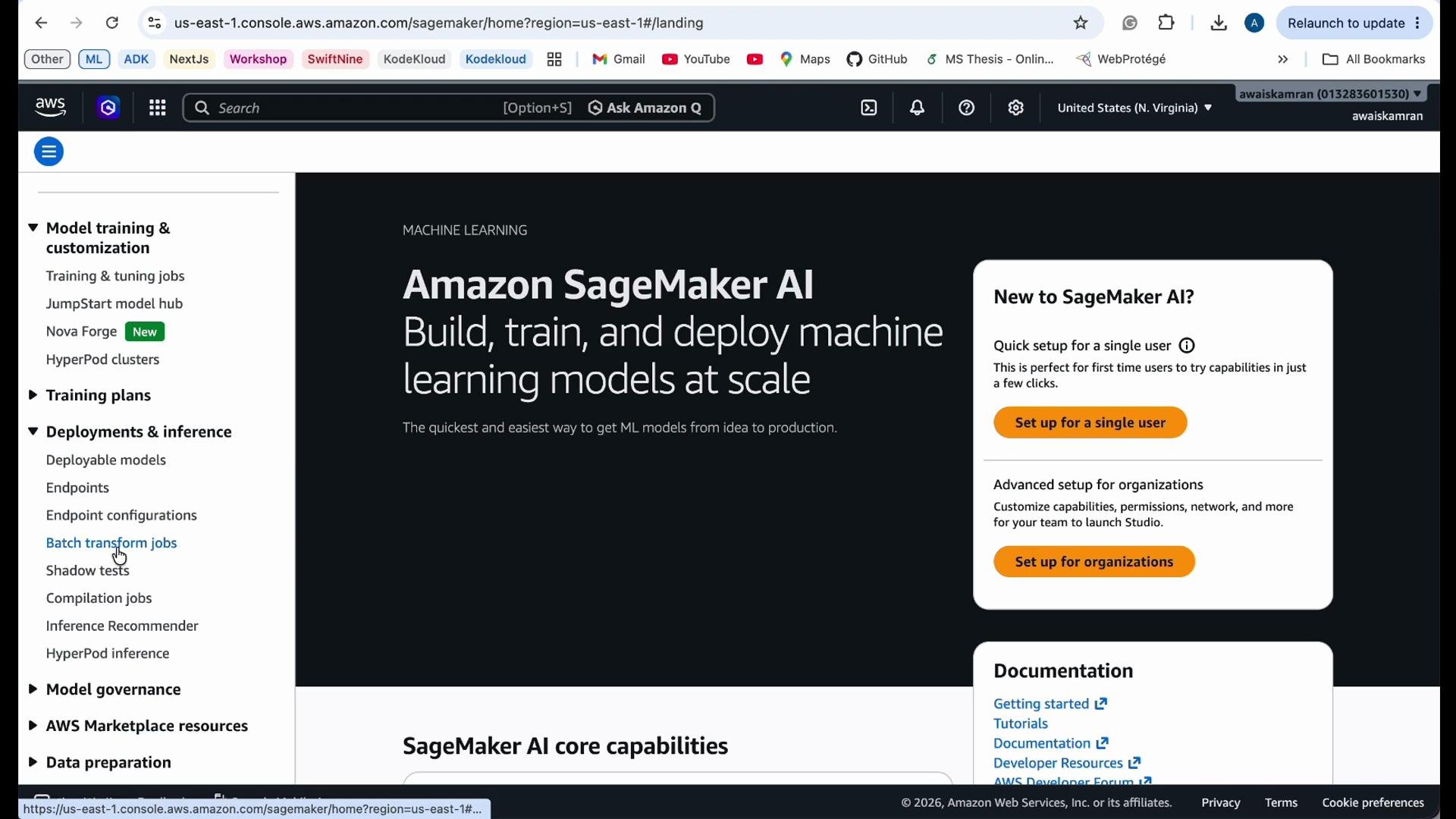 The image shows the Amazon SageMaker AI console page, highlighting its features for building, training, and deploying machine learning models at scale. The sidebar includes options for model training, deployment, and data preparation.