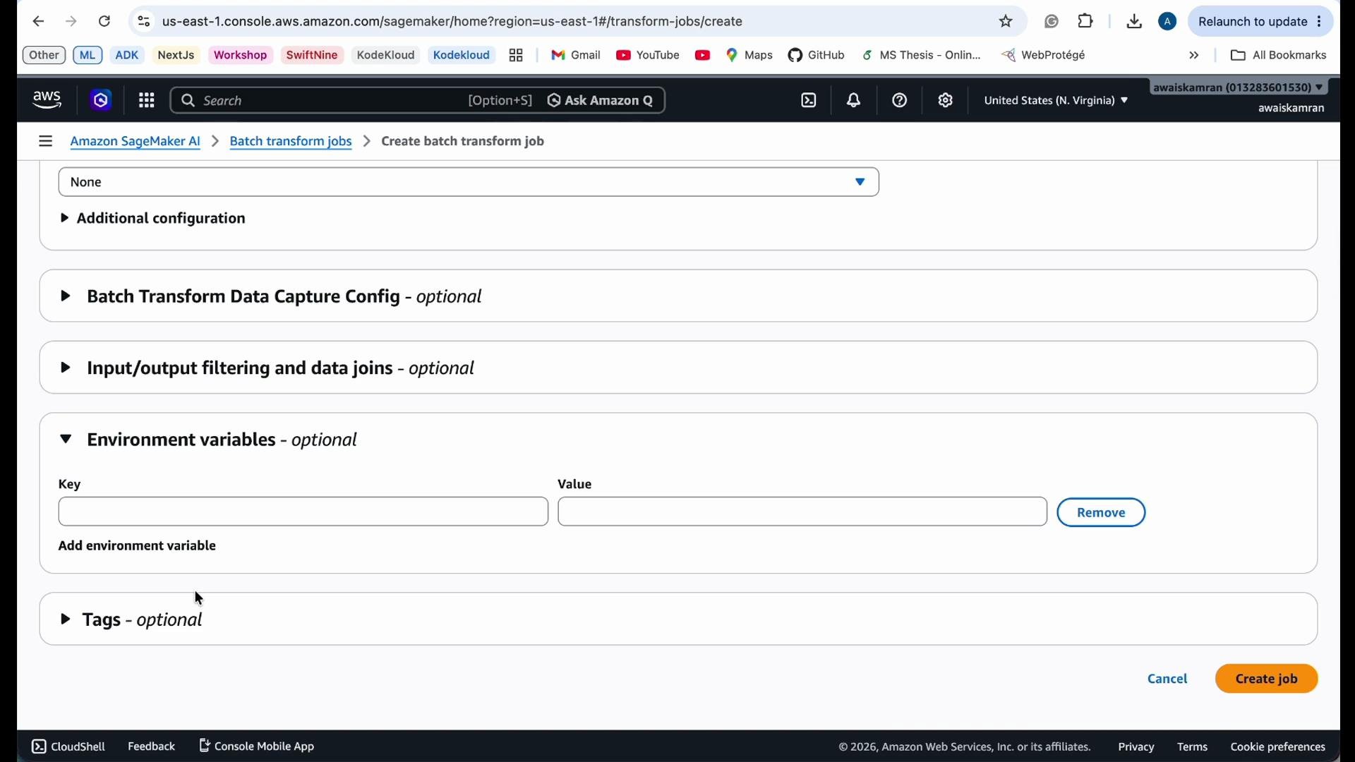 The image is a screenshot of the AWS SageMaker console showing a form for creating a batch transform job, including options for configuration and environment variables.