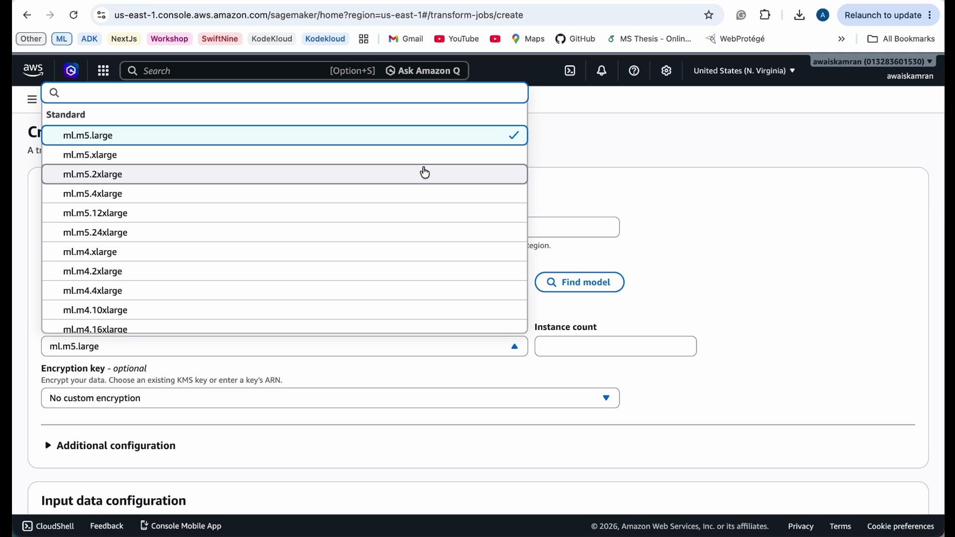 This image shows a dropdown menu in the AWS SageMaker console for selecting instance types. Various instance options like "ml.m5.large" and "ml.m5.xlarge" are visible.