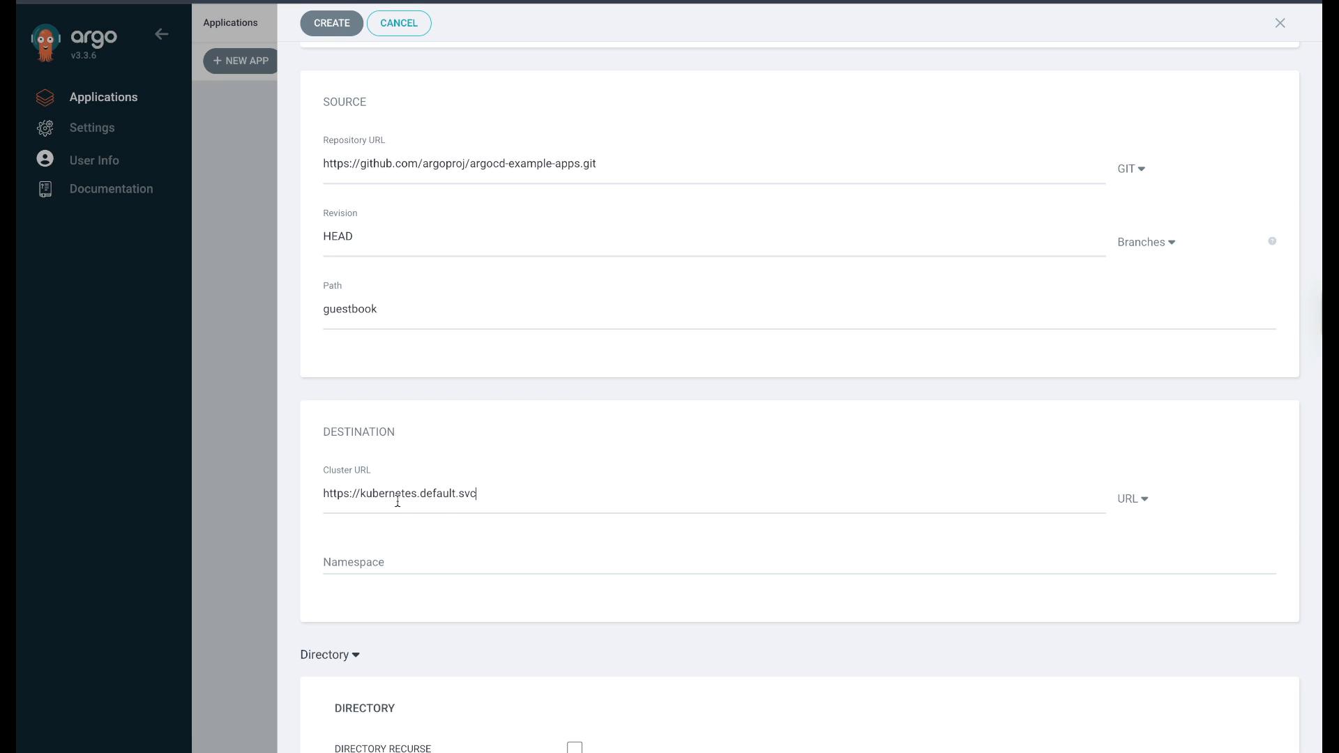 A screenshot of the Argo CD web UI showing the "Create Application" form. It displays SOURCE fields (repo URL https://github.com/argoproj/argocd-example-apps.git, revision HEAD, path "guestbook") and DESTINATION fields (cluster URL https://kubernetes.default.svc).