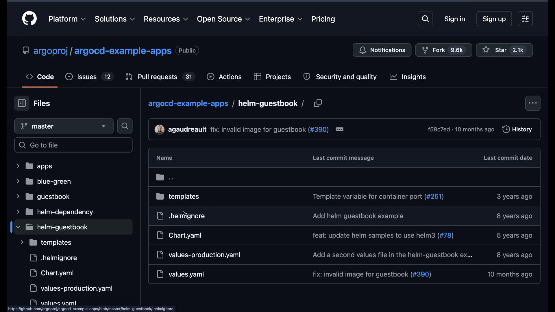 A dark-mode GitHub repository page for "argoproj/argocd-example-apps" showing the helm-guestbook directory and a list of files and folders (e.g., templates, Chart.yaml, values.yaml).