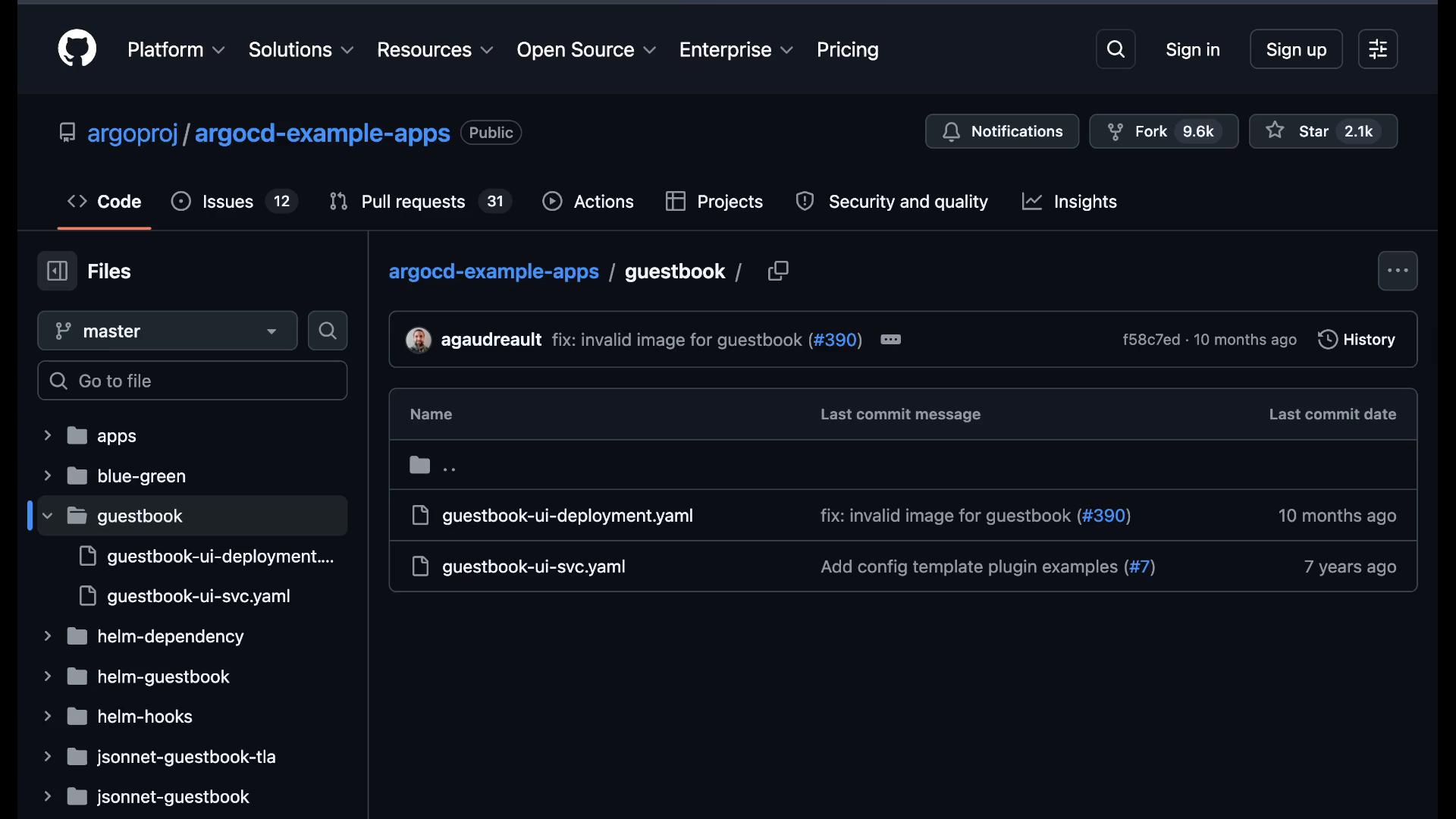 A dark-mode GitHub repository page for argo/argocd-example-apps showing the guestbook folder and files (guestbook-ui-deployment.yaml, guestbook-ui-svc.yaml). The top shows a recent commit message "fix: invalid image for guestbook."