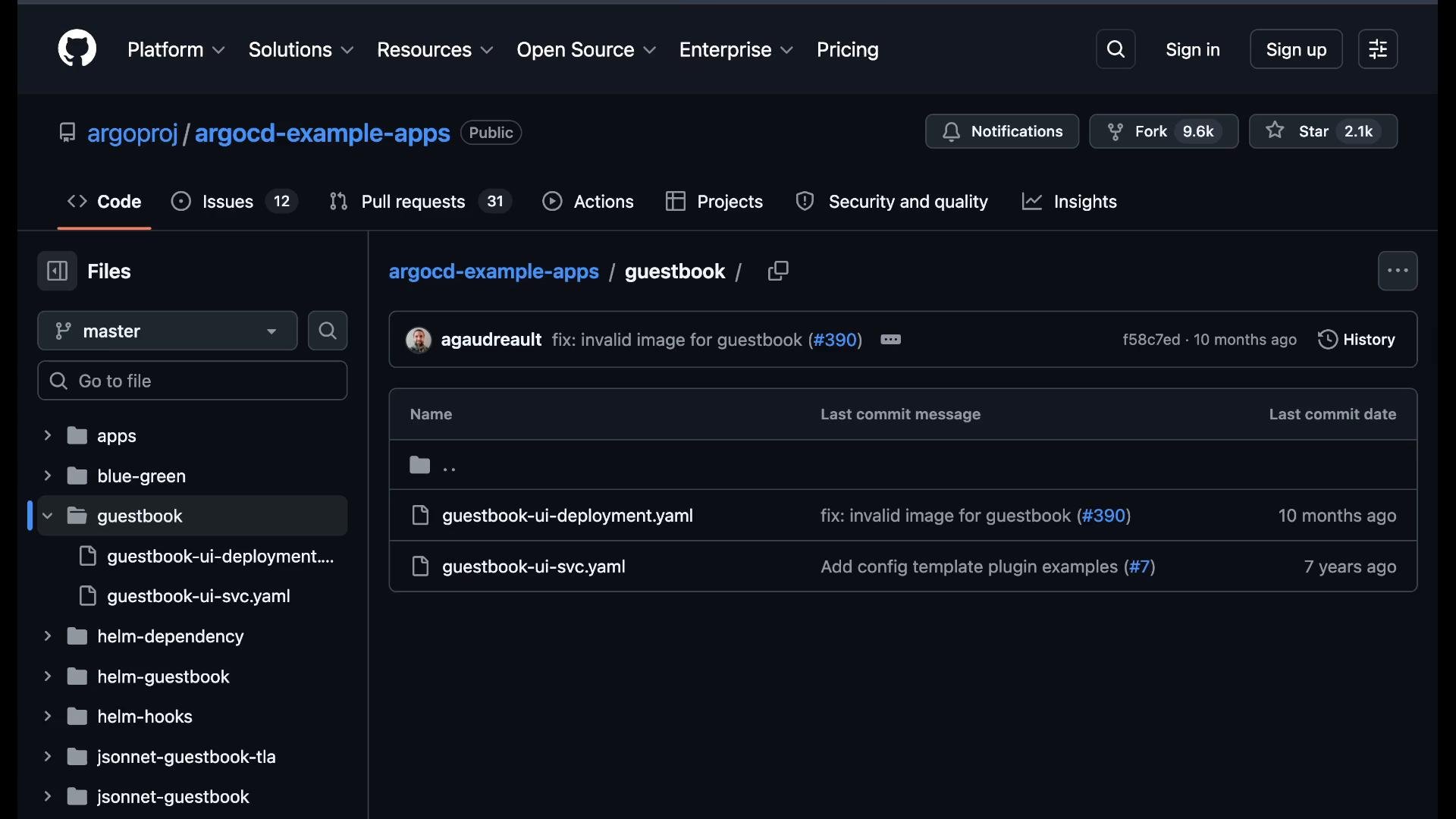 A dark-mode GitHub repository page for argo/argocd-example-apps showing the guestbook folder and files (guestbook-ui-deployment.yaml, guestbook-ui-svc.yaml). The top shows a recent commit message "fix: invalid image for guestbook."