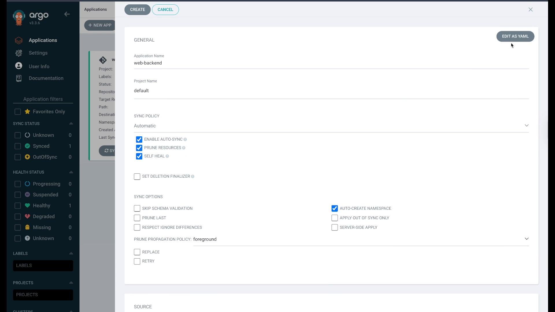 A screenshot of the Argo CD web UI showing the application creation/settings panel for an app named "web-backend." The sync policy options (Enable Auto-Sync, Prune Resources, Self Heal, Auto-Create Namespace) are visible and checked, with a dark navigation sidebar on the left.