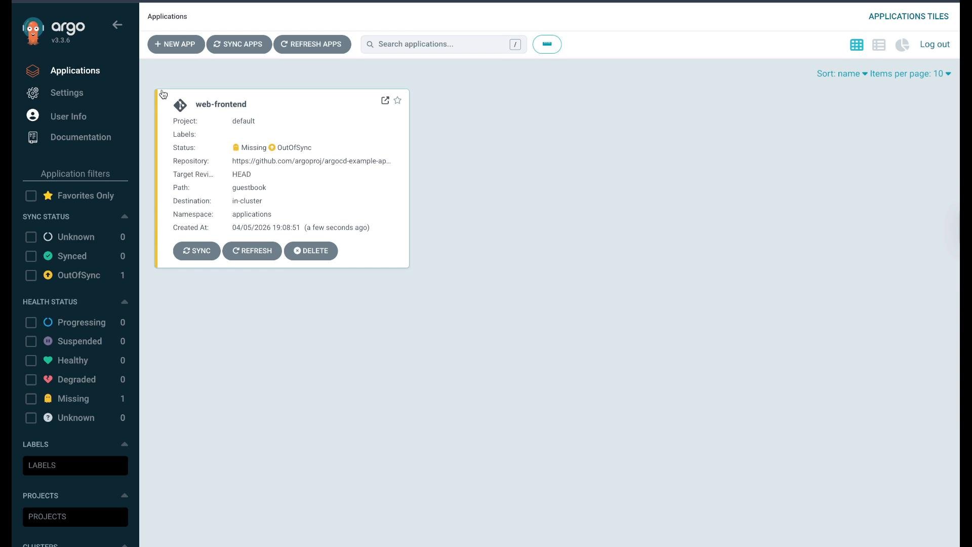 Screenshot of the Argo CD web UI showing the "Applications" view with a single "web-frontend" application card marked Missing / OutOfSync. The left sidebar shows navigation (Applications, Settings, Documentation) and the card includes details and action buttons for Sync, Refresh, and Delete.