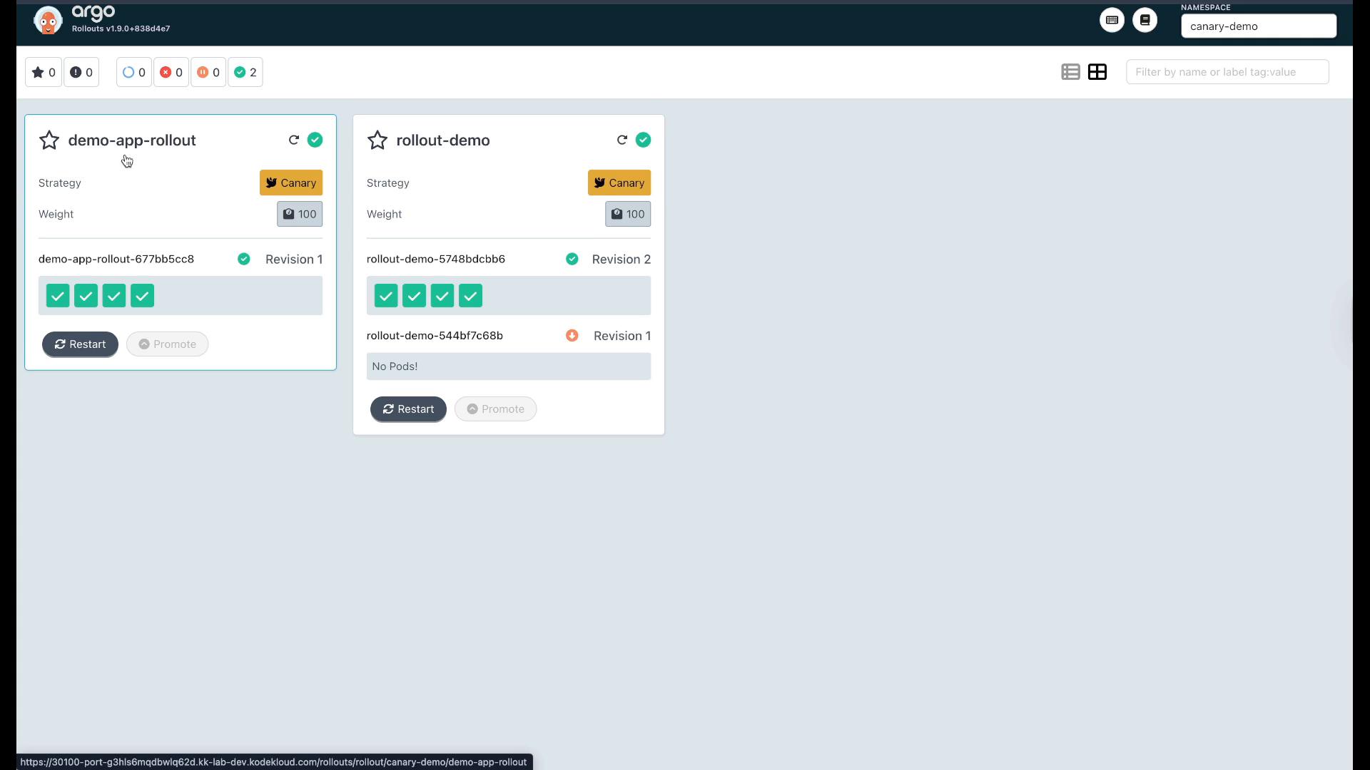 A web dashboard (Argo Rollouts) showing two rollout cards — "demo-app-rollout" and "rollout-demo" — each using a Canary strategy with revision entries, pod status checks, and Restart/Promote buttons. The namespace "canary-demo" is visible in the top-right.
