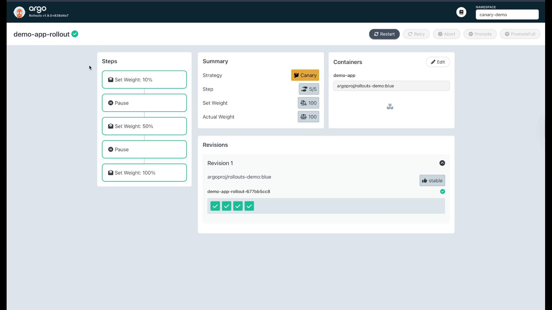 A screenshot of the Argo Rollouts web UI for "demo-app-rollout" showing a canary deployment with steps to set traffic weights (10%, 50%, 100%) interleaved with pauses. The right panels display the strategy summary, container image (argoproj/rollouts-demo:blue) and a revision marked stable.