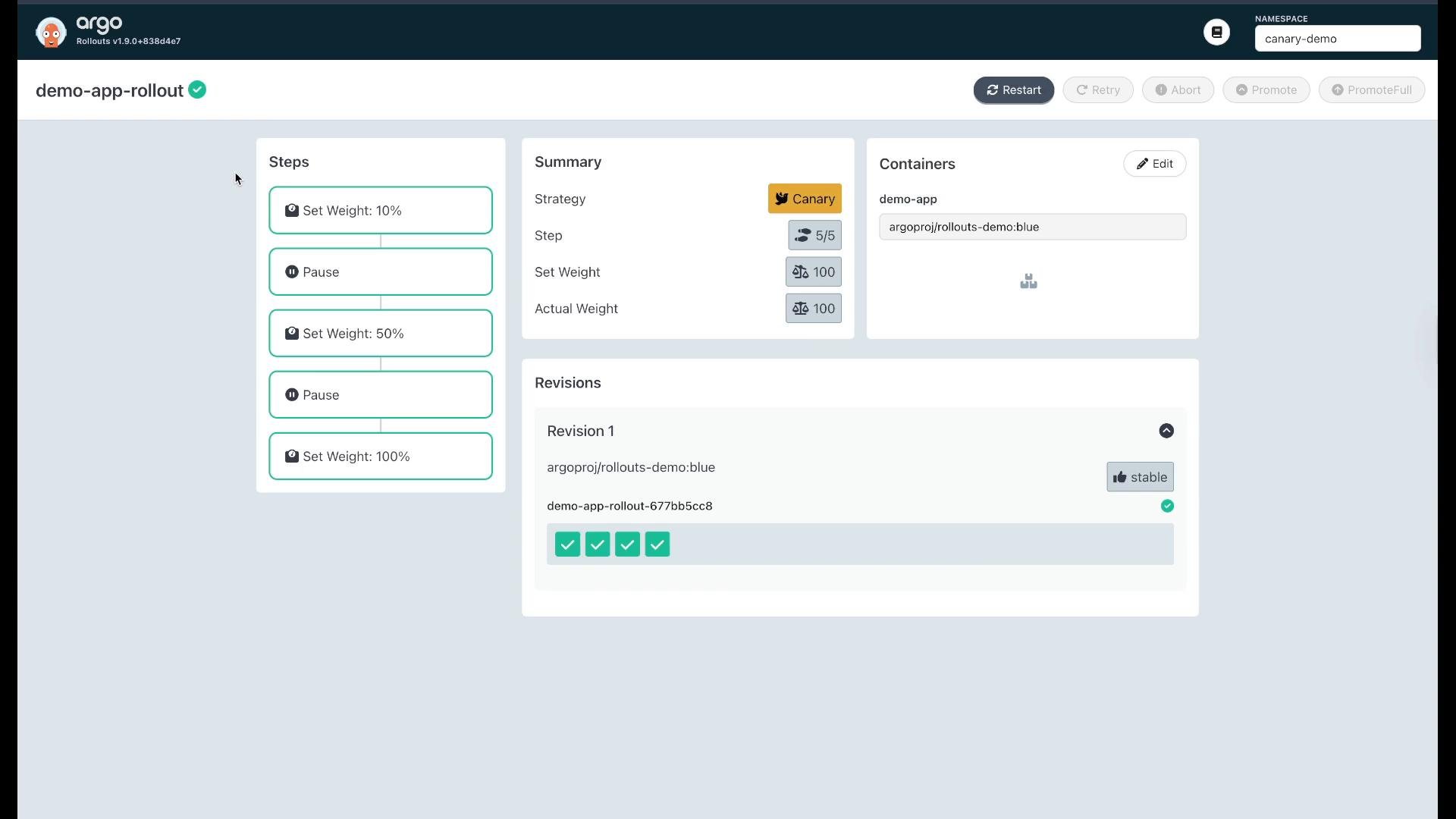 A screenshot of the Argo Rollouts web UI for "demo-app-rollout" showing a canary deployment with steps to set traffic weights (10%, 50%, 100%) interleaved with pauses. The right panels display the strategy summary, container image (argoproj/rollouts-demo:blue) and a revision marked stable.