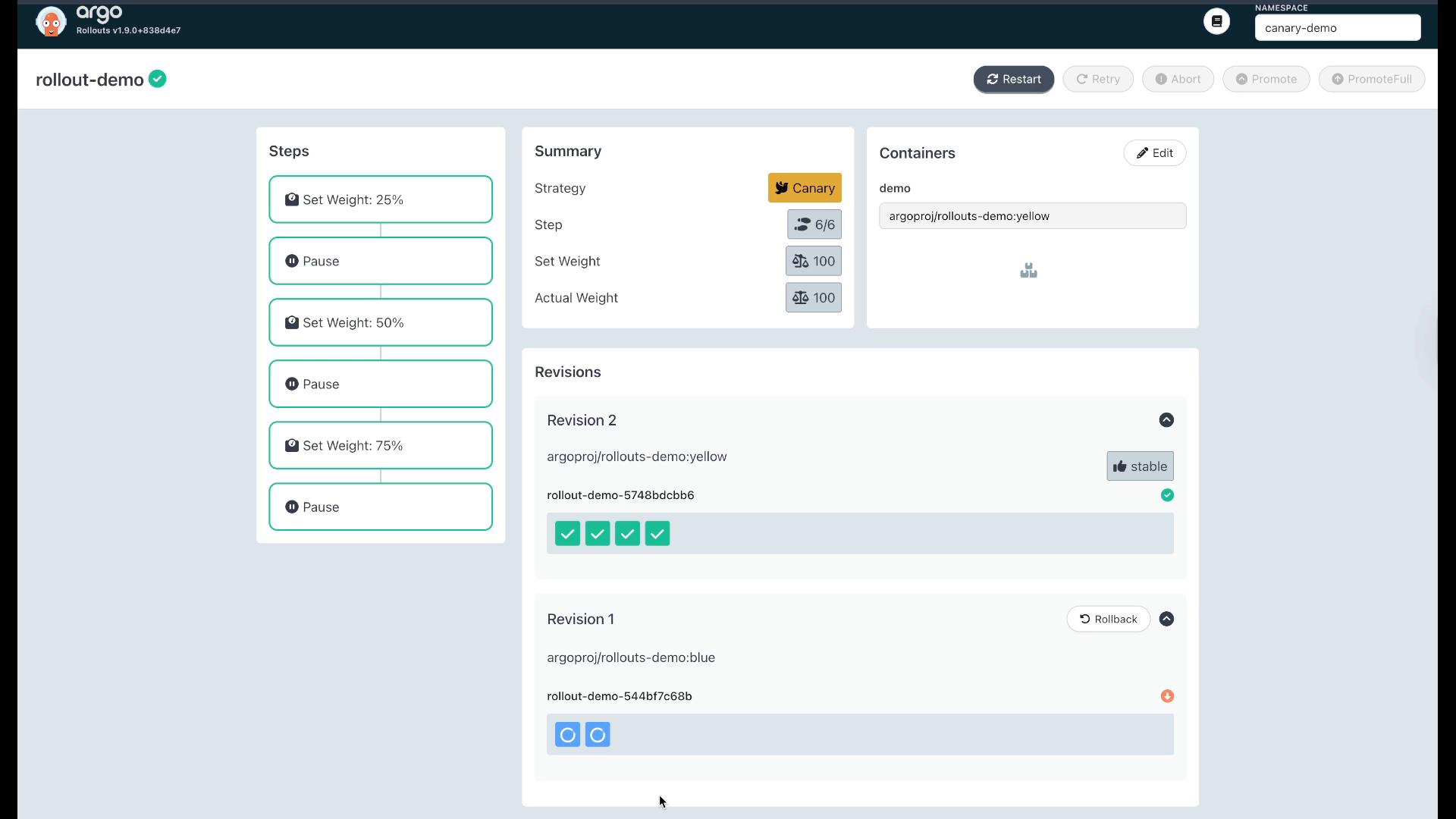 A screenshot of the Argo Rollouts web UI for a "rollout-demo" canary deployment, showing steps, summary, containers, and revision history. The left column lists set-weight and pause steps (25%, 50%, 75%), while the right shows container images and revision details.