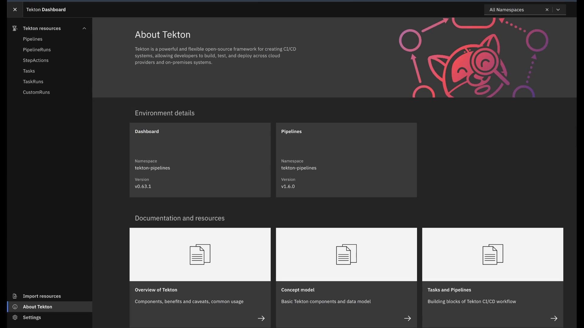 A dark-themed Tekton Dashboard screenshot showing the "About Tekton" page with a left navigation menu (Pipelines, Tasks, etc.), environment detail cards, and documentation/resource tiles. The top right features a stylized Tekton mascot graphic.