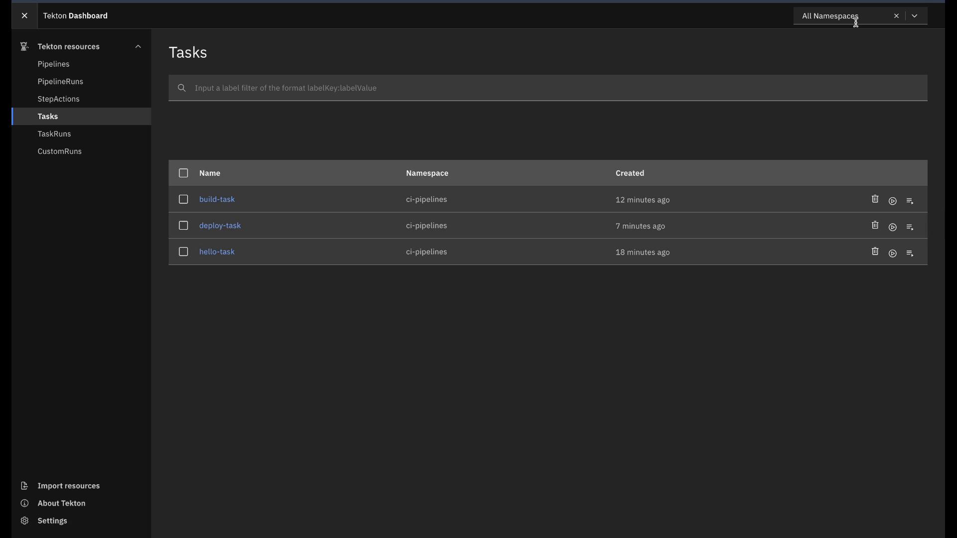 A screenshot of the Tekton Dashboard showing the Tasks page with three entries — build-task, deploy-task, and hello-task — all in the "ci-pipelines" namespace with their creation times. The left sidebar shows navigation items like Pipelines, PipelineRuns, StepActions, and Tasks.