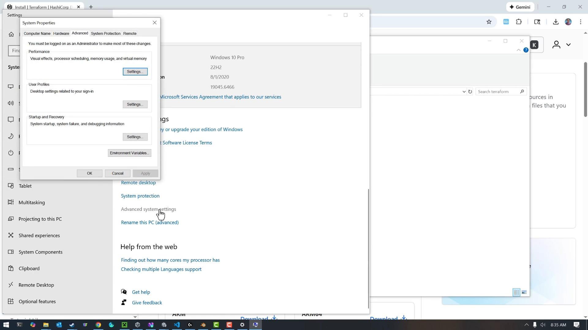 A screenshot of a Windows 10 desktop showing the System Properties "Advanced" dialog open (Performance, User Profiles, Startup and Recovery) with an "Environment Variables" button. In the background the Settings window and Windows 10 Pro system info are visible.