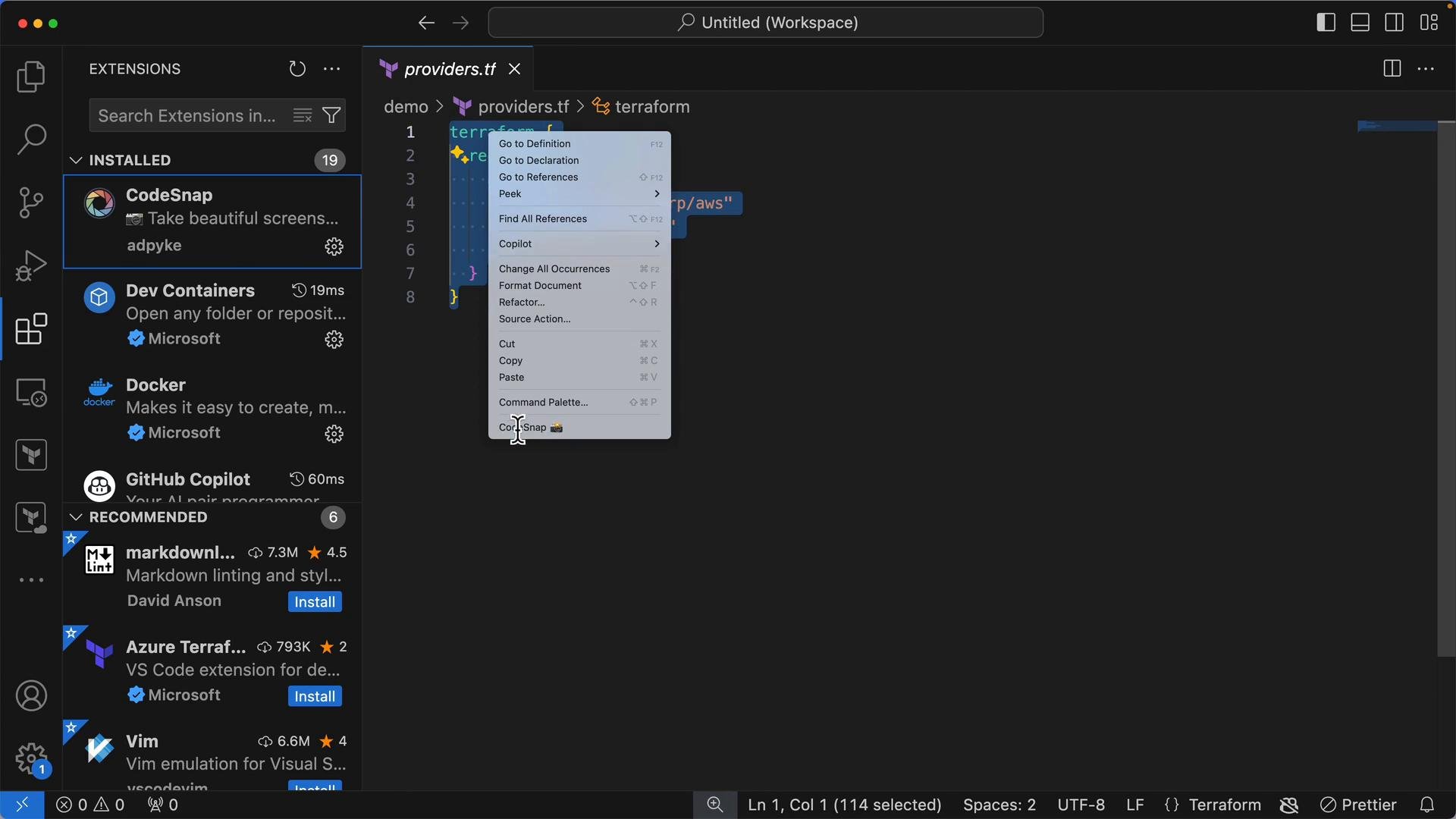 A dark‑mode Visual Studio Code window showing the Extensions sidebar (CodeSnap, Dev Containers, Docker, GitHub Copilot, etc.) and a context menu open over a Terraform file (providers.tf) in the editor.