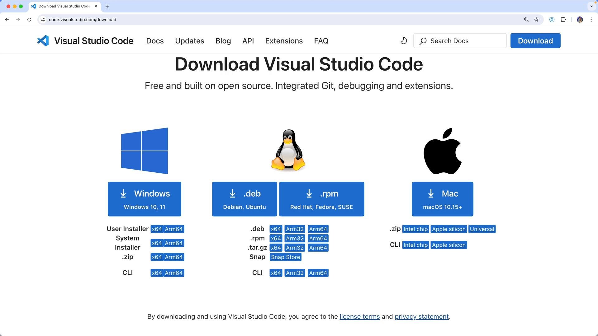 A screenshot of the Visual Studio Code download page. It shows the main "Download Visual Studio Code" header with download buttons and OS logos for Windows, Linux (Tux), and macOS.