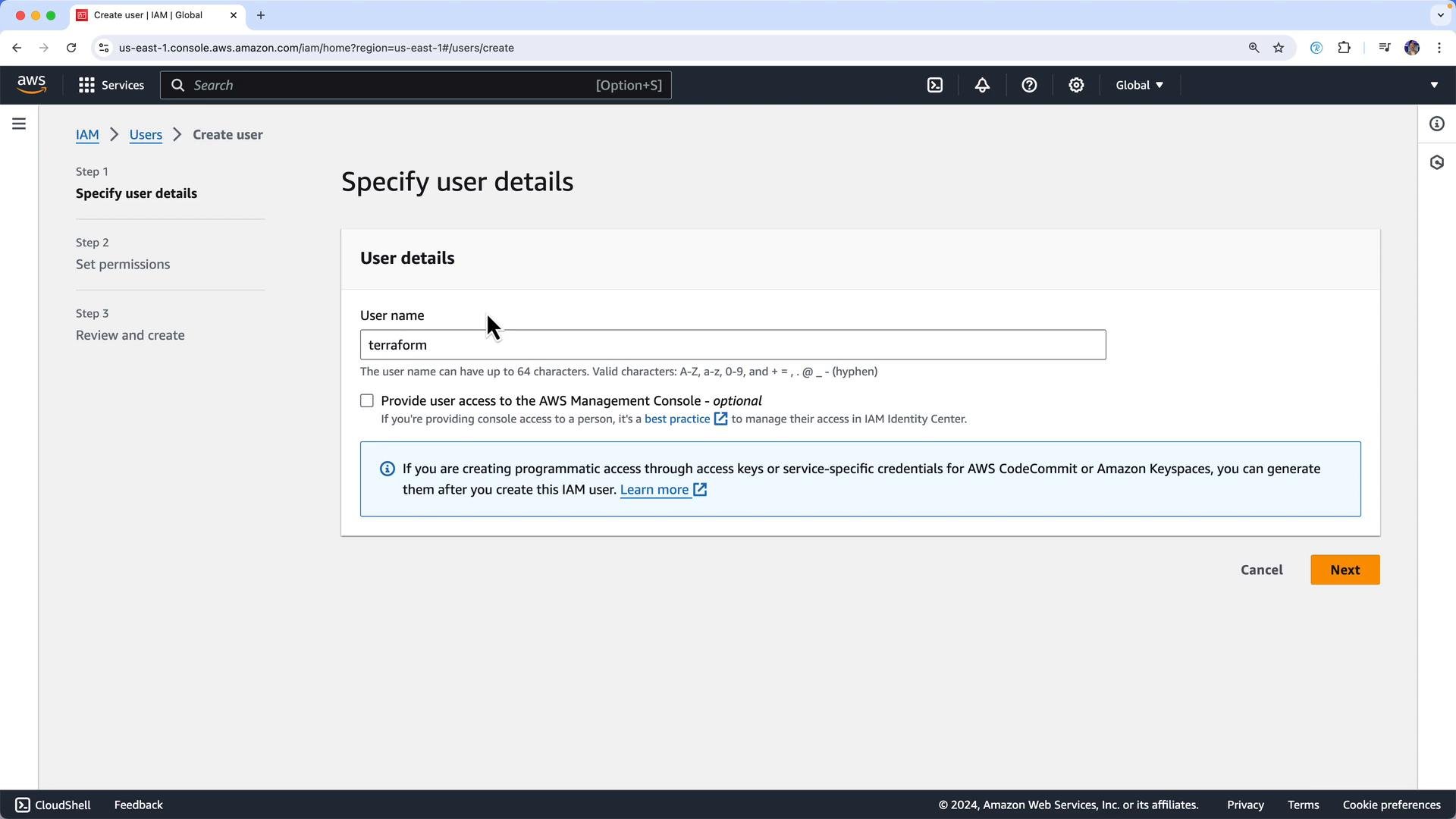 A screenshot of the AWS IAM "Create user" console on the "Specify user details" step, with the username field filled as "terraform." The page shows options for providing console access and a note about generating programmatic access keys, with Cancel and Next buttons at the bottom.