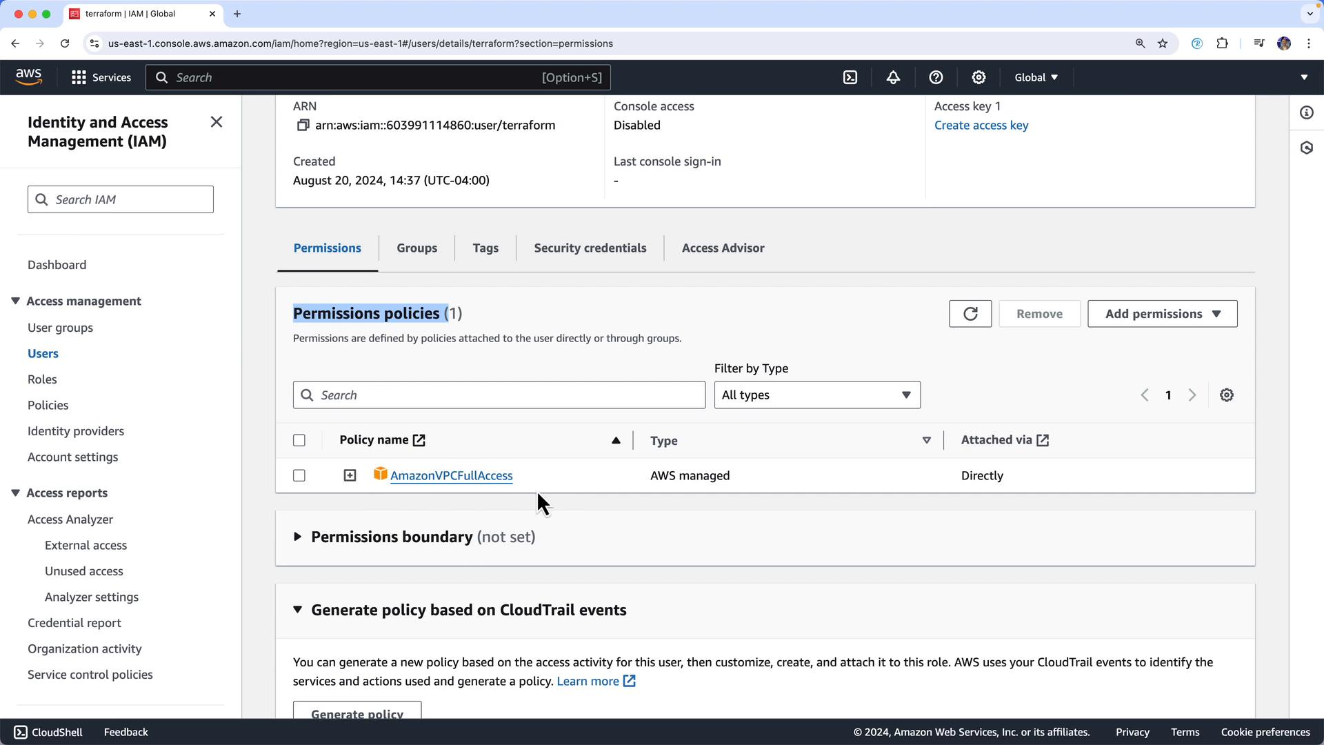 A screenshot of the AWS Identity and Access Management (IAM) console showing the "Permissions" tab for a user (terraform) with the AmazonVPCFullAccess policy attached. The page displays access key options, permissions policies, and other IAM navigation items.