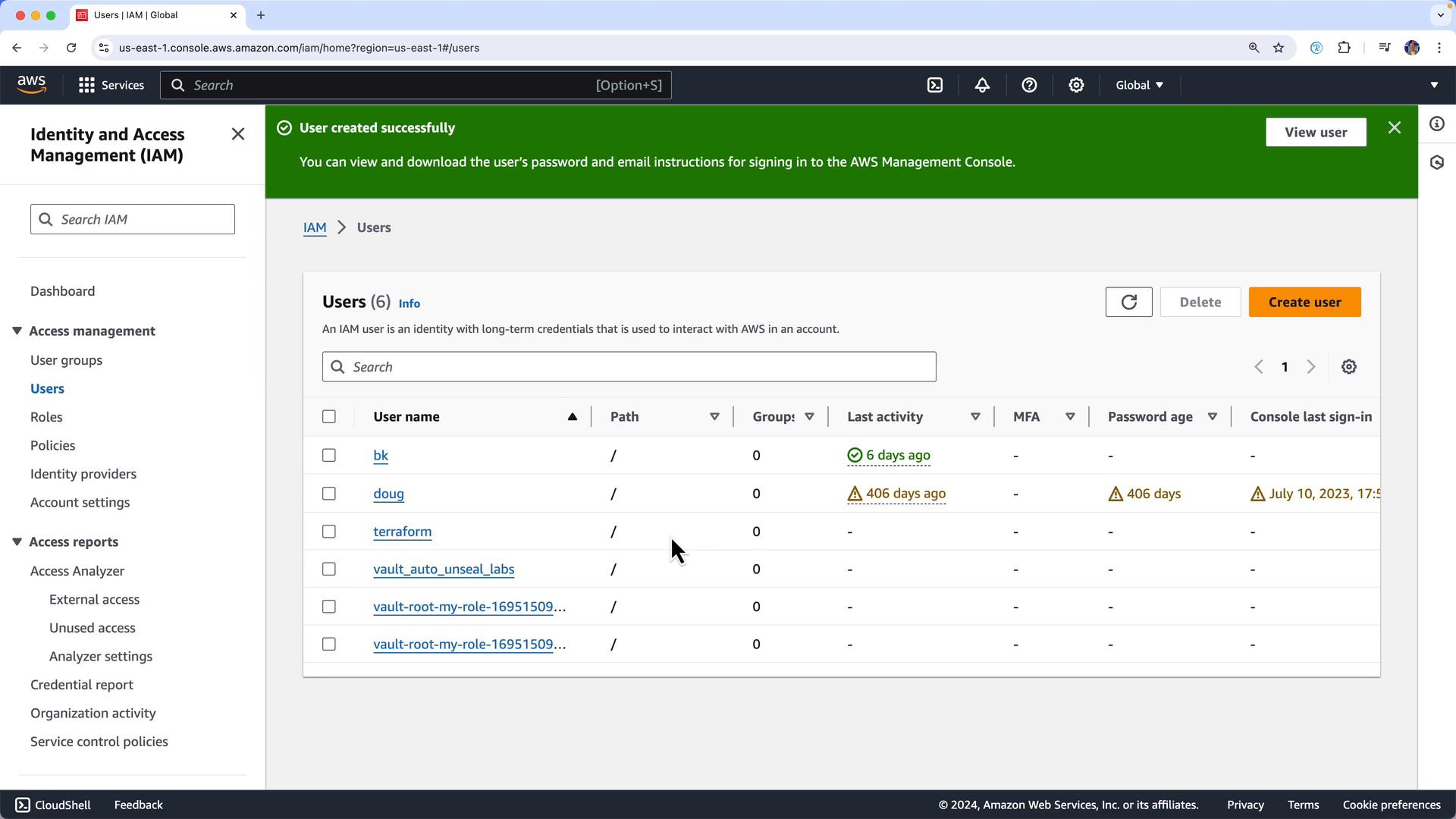 A screenshot of the AWS Identity and Access Management (IAM) Users page showing a list of IAM users. A green banner at the top reads "User created successfully" and controls like Create user, Delete, and Search are visible.