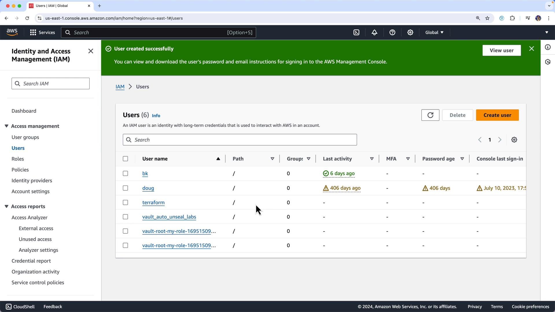 A screenshot of the AWS Identity and Access Management (IAM) Users page showing a list of IAM users. A green banner at the top reads "User created successfully" and controls like Create user, Delete, and Search are visible.