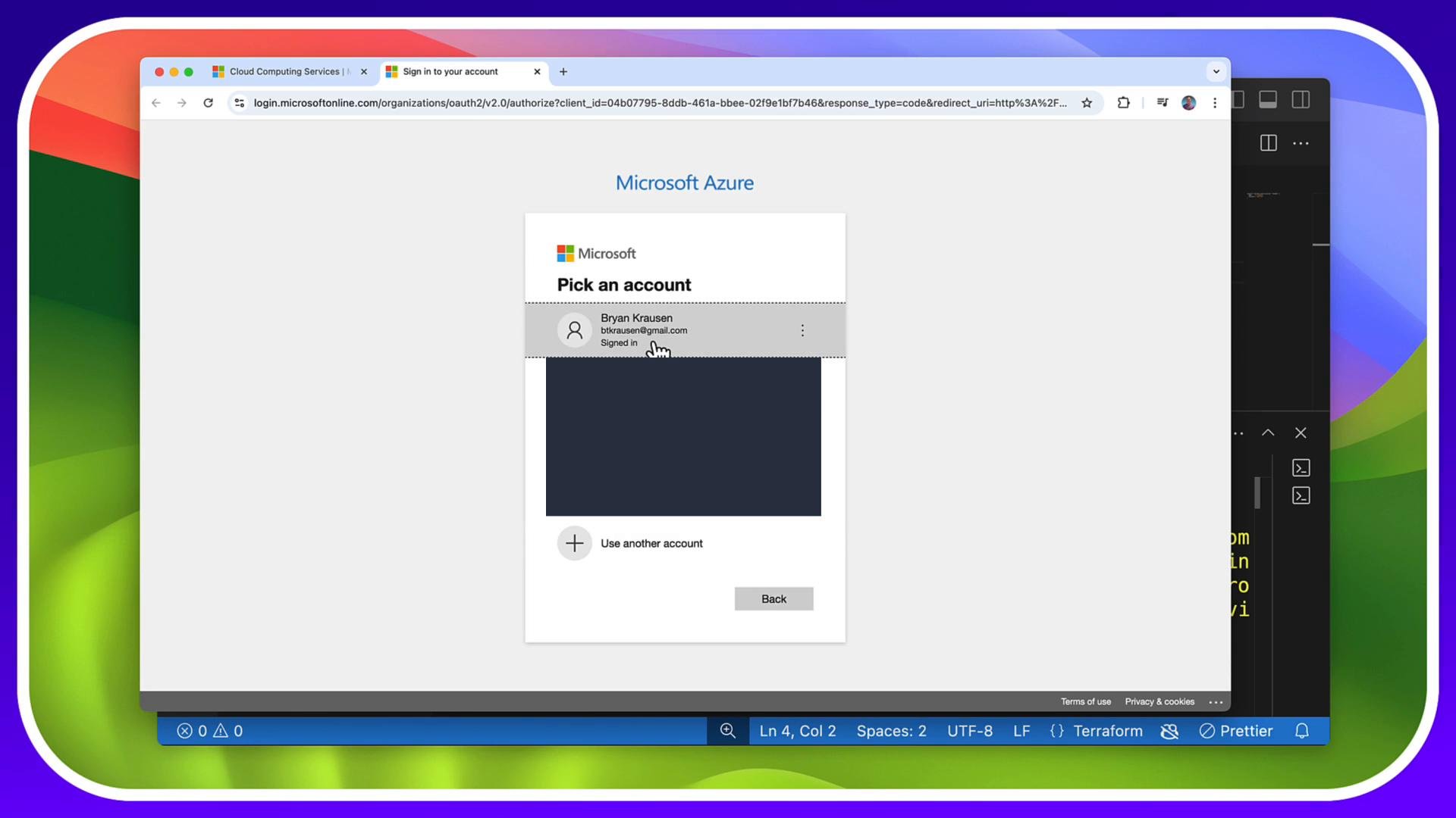 A browser window showing a Microsoft Azure "Pick an account" sign-in dialog with a signed-in account and a "Use another account" option. The window sits over a colorful desktop background with a code editor visible behind it.