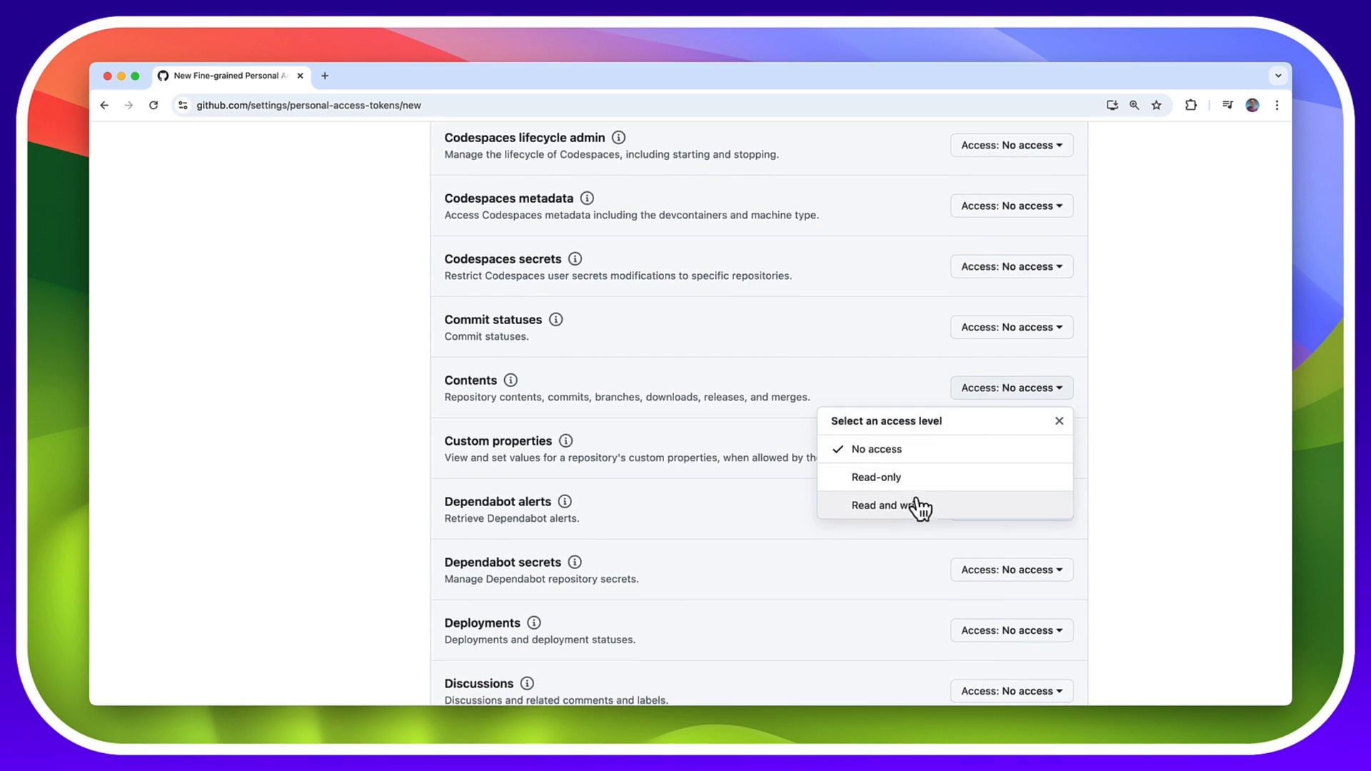 A screenshot of a GitHub settings page for personal access token scopes showing various repository permissions (Codespaces, Commit statuses, Contents, Dependabot, etc.). A dropdown menu is open to select an access level (No access, Read-only, Read and write) with a cursor hovering over "Read and write."