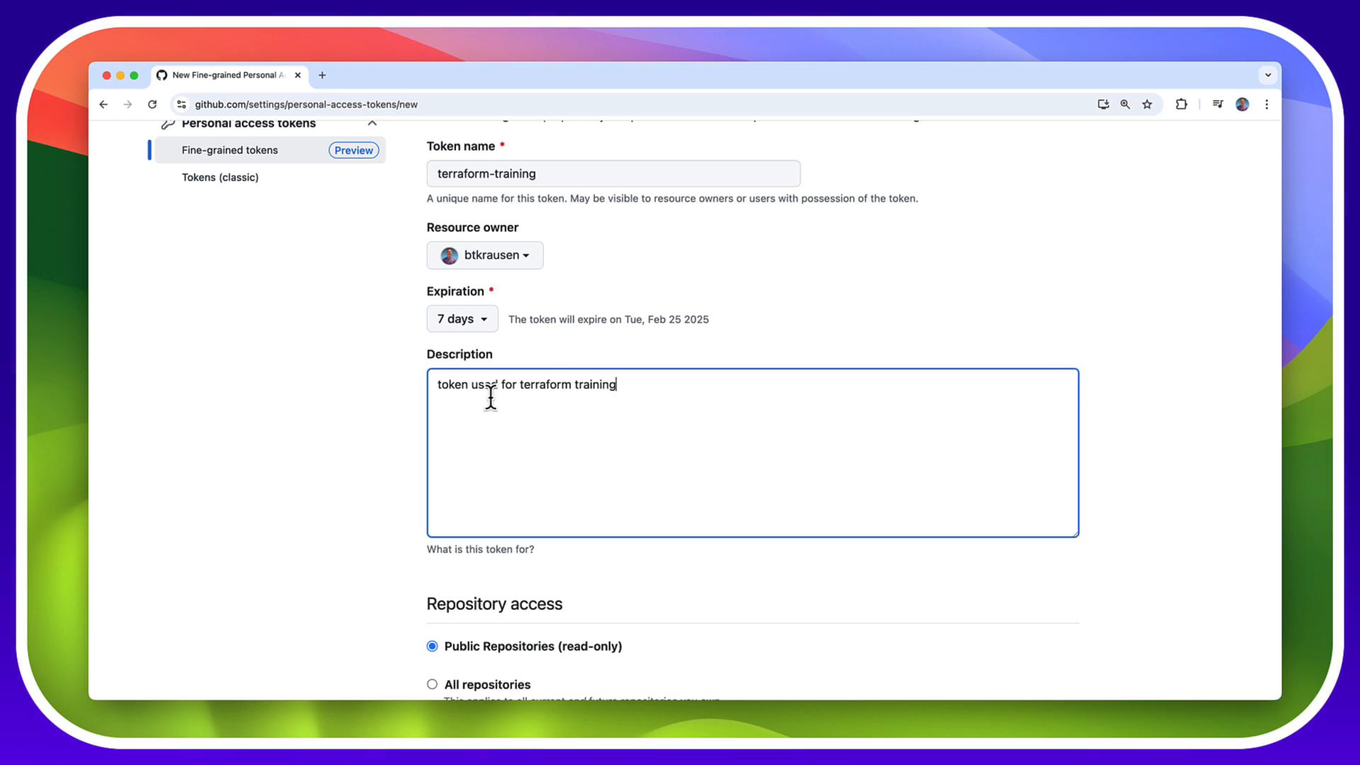 A screenshot of GitHub’s "Personal access tokens" page showing the form to create a fine‑grained token. The token is named "terraform-training" with a 7‑day expiration and a description reading "token used for terraform training."