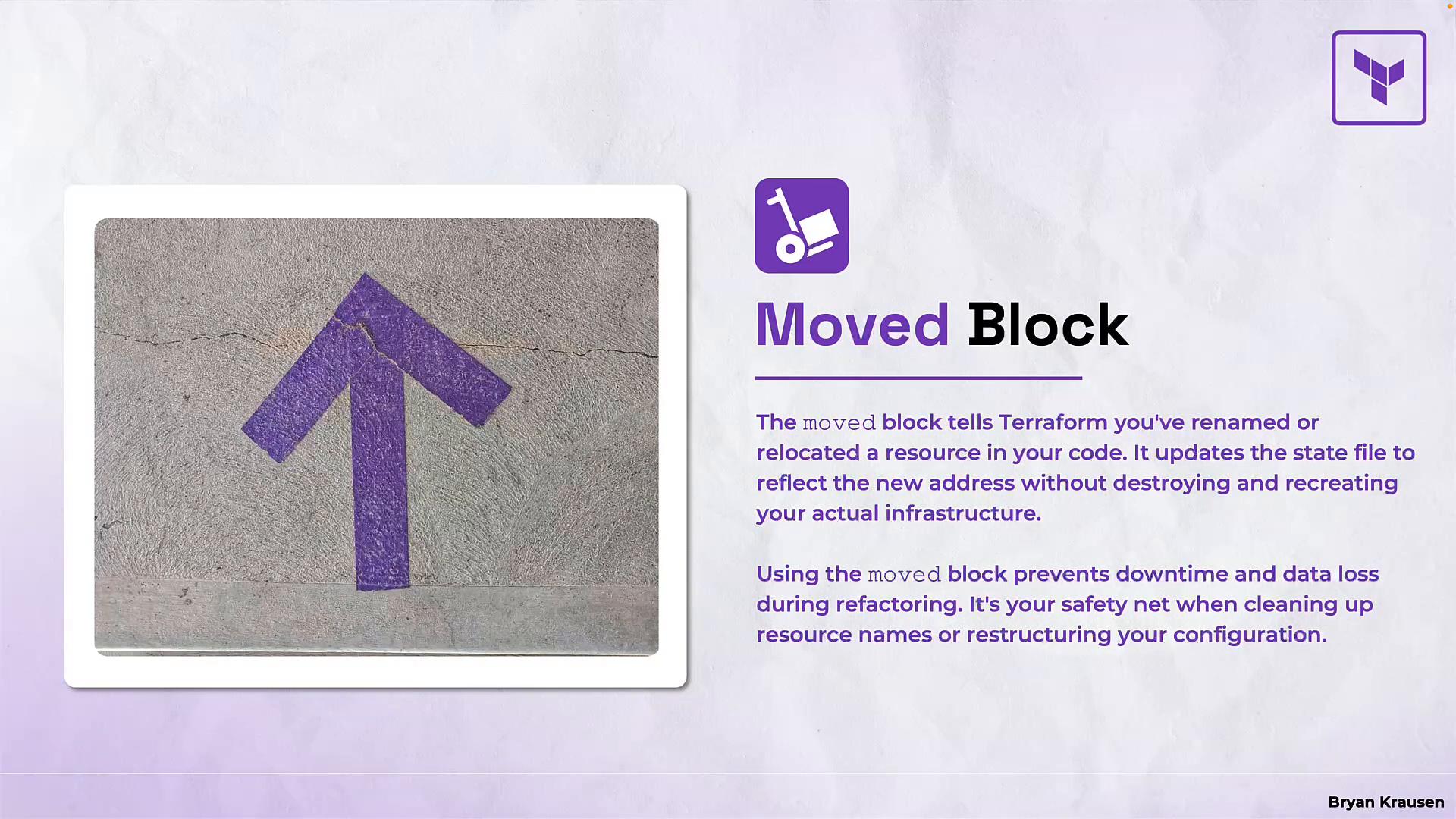A presentation slide titled "Moved Block" with explanatory text and a purple dolly icon on the right. On the left is a framed photo of a purple upward arrow painted on a concrete surface.