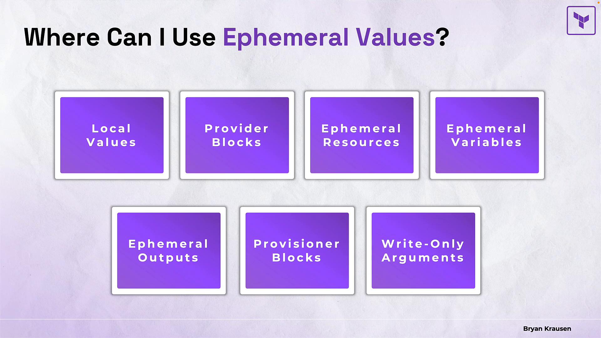 A presentation slide titled "Where Can I Use Ephemeral Values?" with purple cards listing examples like Local Values, Provider Blocks, Ephemeral Resources, Ephemeral Variables, Ephemeral Outputs, Provisioner Blocks, and Write-Only Arguments.