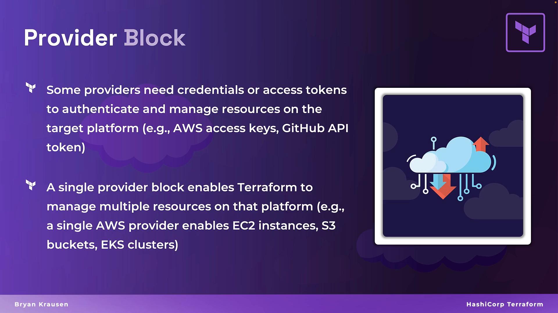 A purple presentation slide titled "Provider Block" explaining that providers need credentials (e.g., AWS keys, GitHub tokens) and that a single provider block lets Terraform manage multiple resources. On the right is a framed cloud illustration with upload/download arrows and Terraform branding.