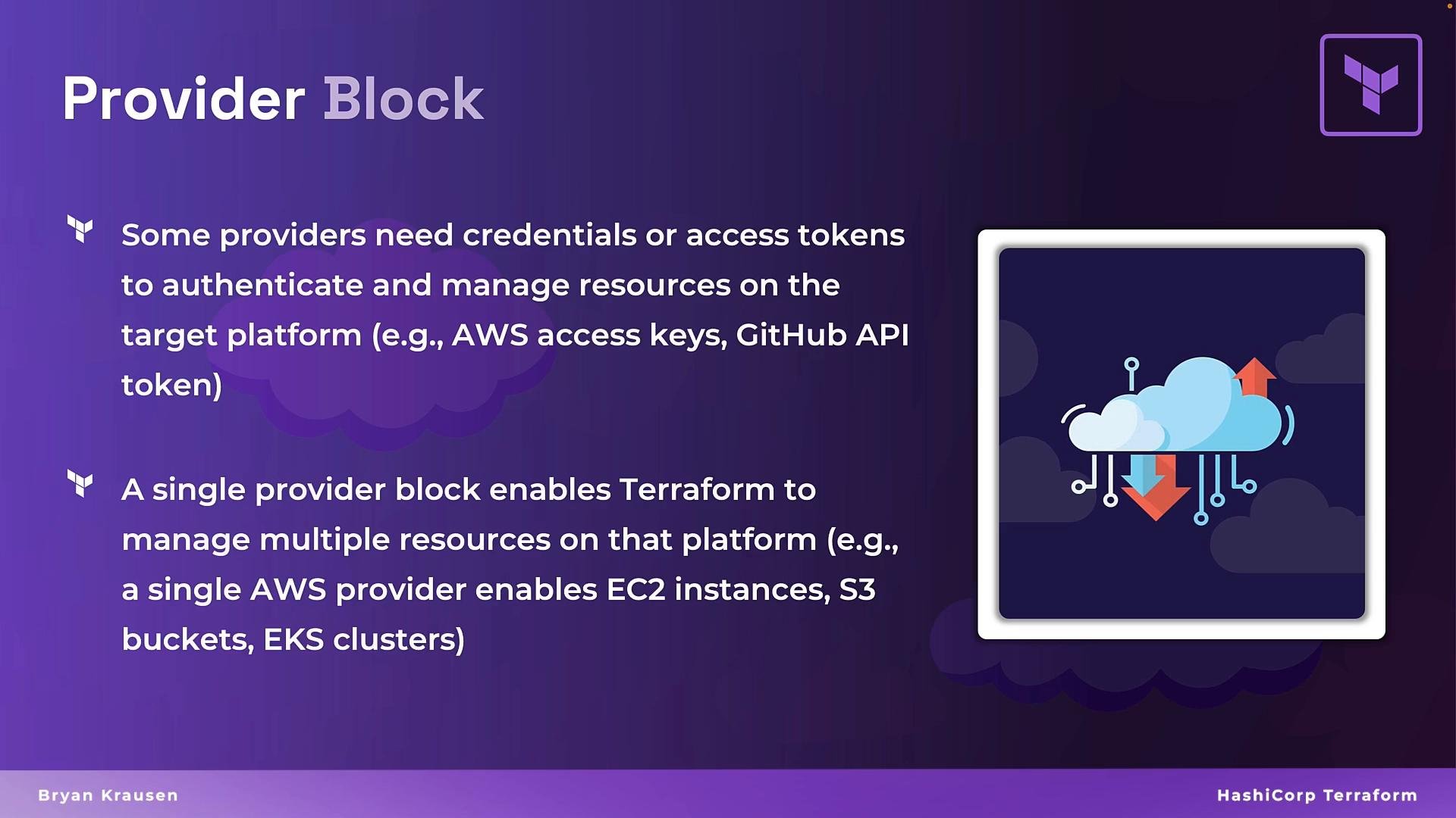 A purple presentation slide titled "Provider Block" explaining that providers need credentials (e.g., AWS keys, GitHub tokens) and that a single provider block lets Terraform manage multiple resources. On the right is a framed cloud illustration with upload/download arrows and Terraform branding.