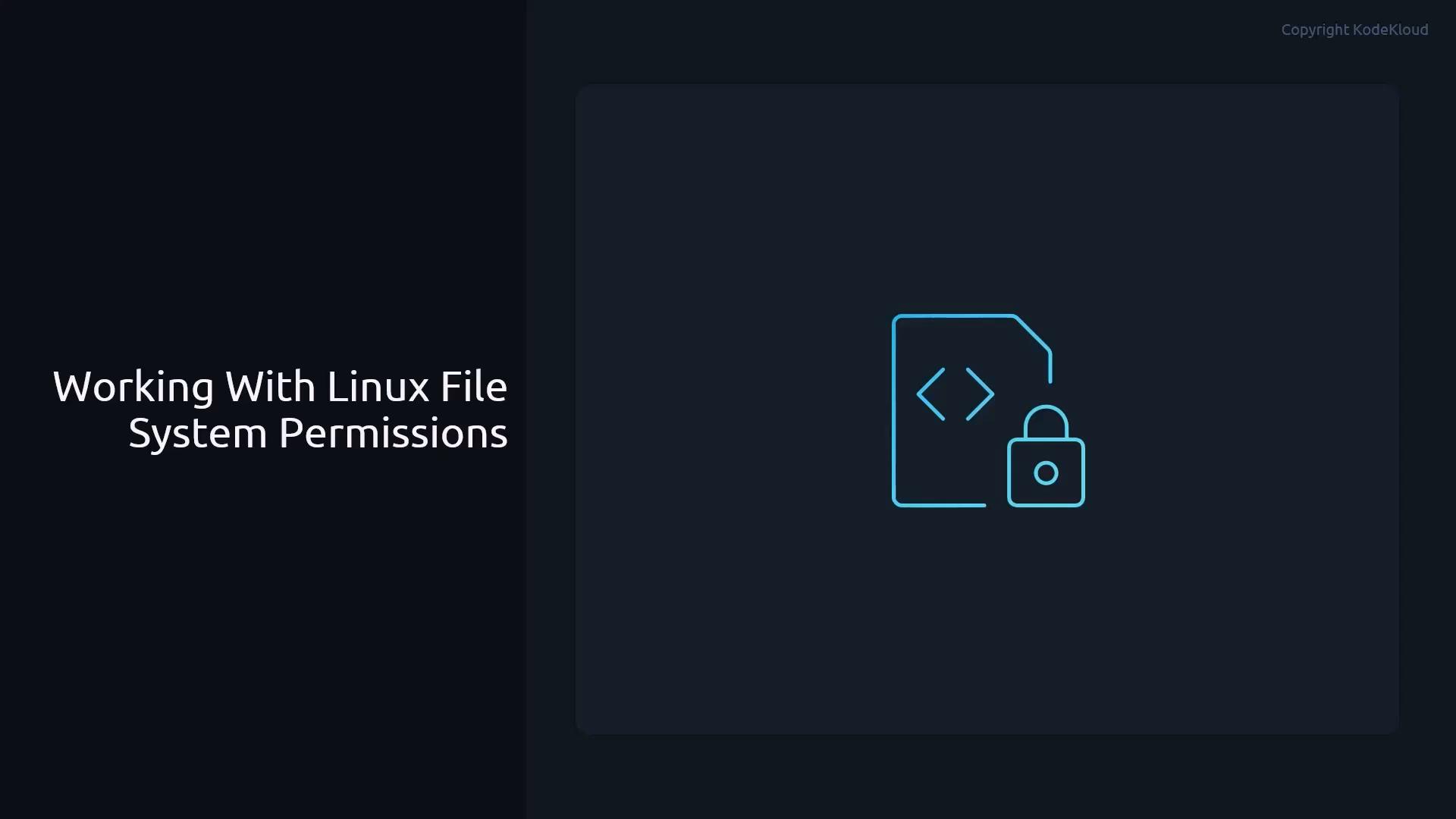 The image is a dark presentation slide titled "Working With Linux File System Permissions." It also shows a simple blue outline icon of a file with code brackets and a padlock, suggesting locked or secured files.