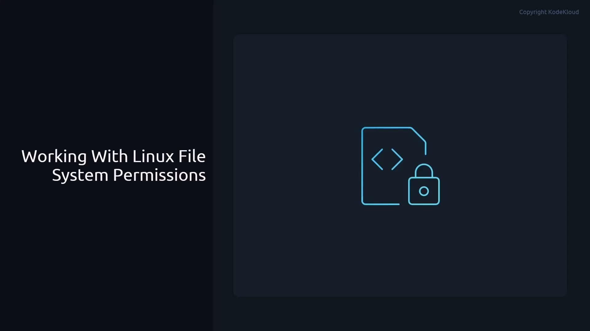 The image is a dark presentation slide titled "Working With Linux File System Permissions." It also shows a simple blue outline icon of a file with code brackets and a padlock, suggesting locked or secured files.