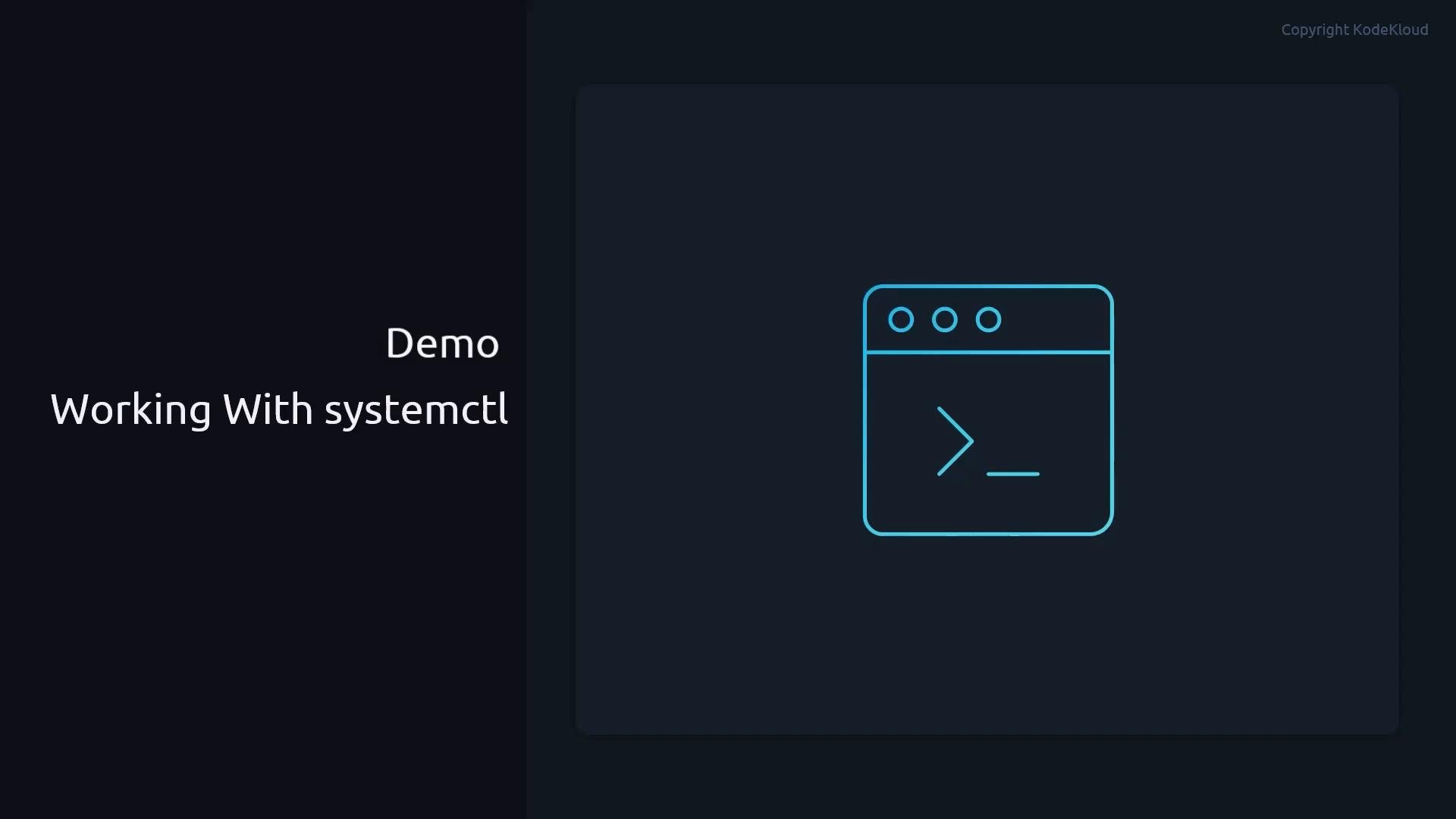 A dark presentation slide titled "Demo — Working With systemctl." On the right is a neon-blue outline icon of a terminal/command window.