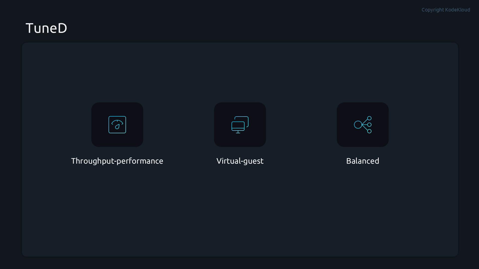 A dark-themed UI titled "TuneD" showing three horizontally arranged option cards labeled "Throughput-performance," "Virtual-guest," and "Balanced," each with a blue outline icon. The cards sit on a large rounded dark panel.