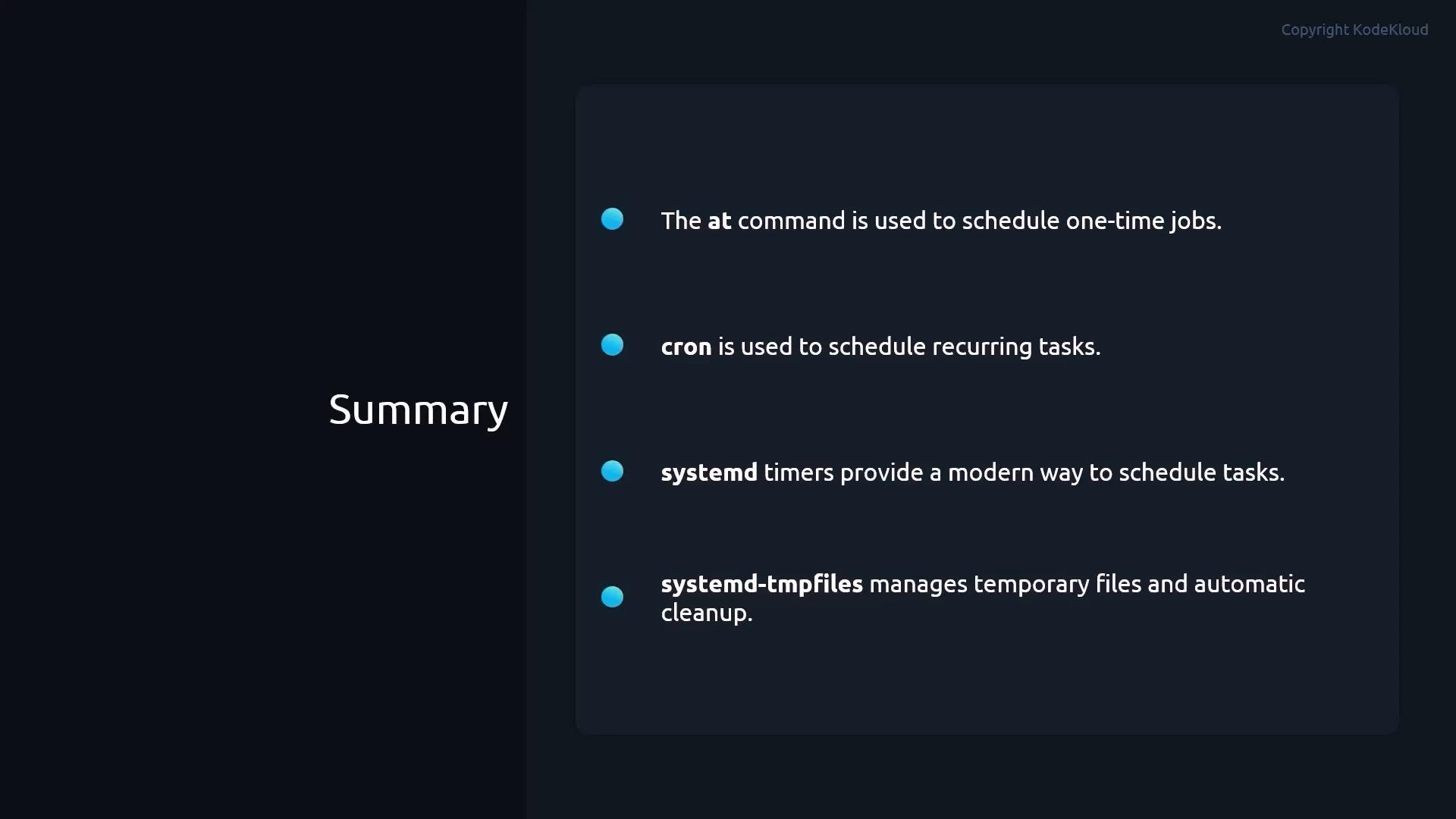 A dark-themed presentation slide titled "Summary" with bullet points explaining scheduling tools — the at command for one-time jobs, cron for recurring tasks, and systemd timers for modern scheduling.