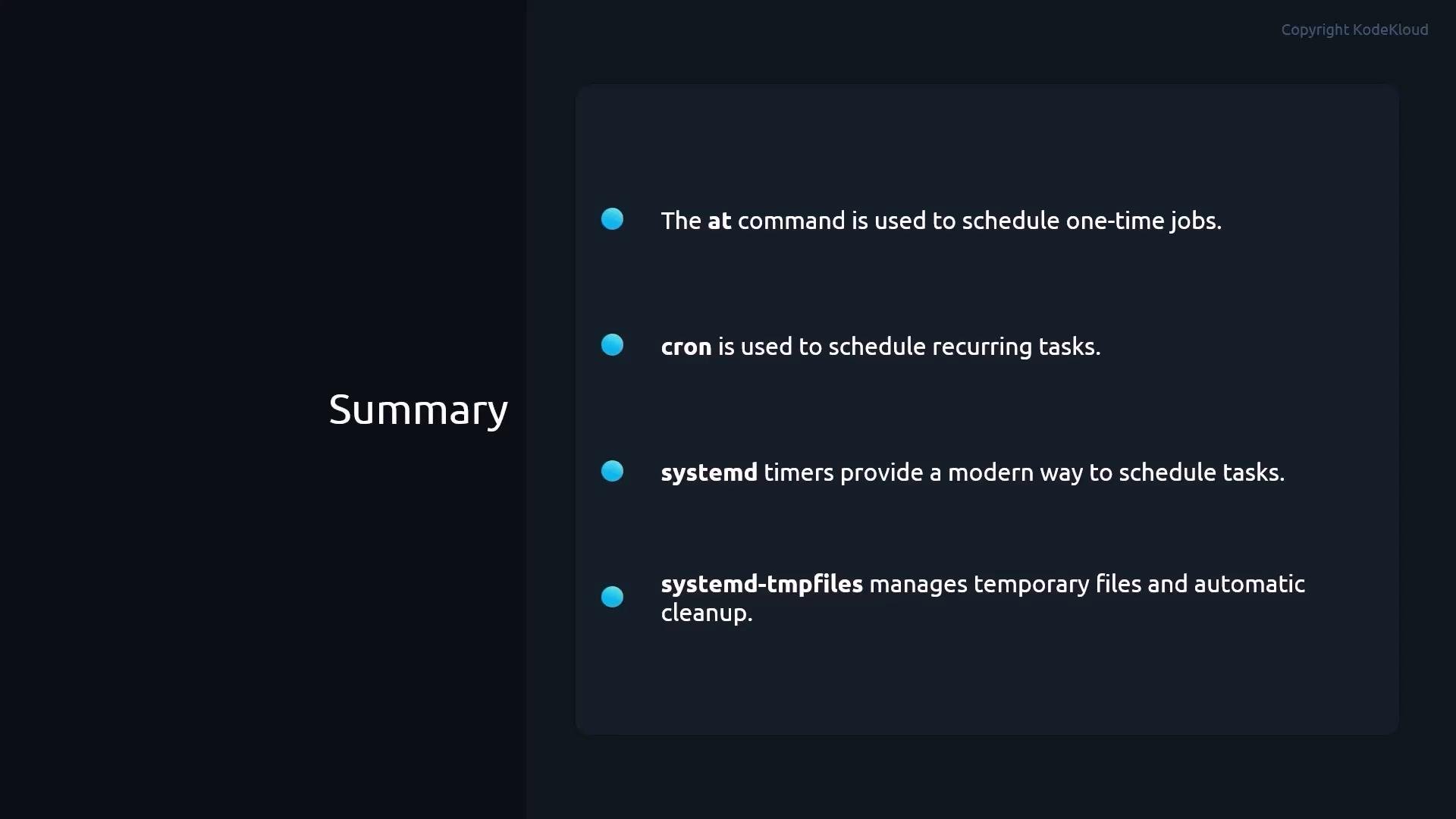 A dark-themed presentation slide titled "Summary" with bullet points explaining scheduling tools — the at command for one-time jobs, cron for recurring tasks, and systemd timers for modern scheduling.