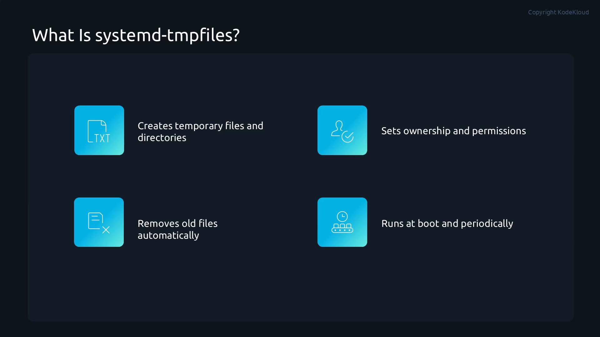 A dark presentation slide titled "What Is systemd-tmpfiles?" showing four blue icons and short points explaining that it creates temporary files/directories, sets ownership and permissions, removes old files automatically, and runs at boot and periodically.