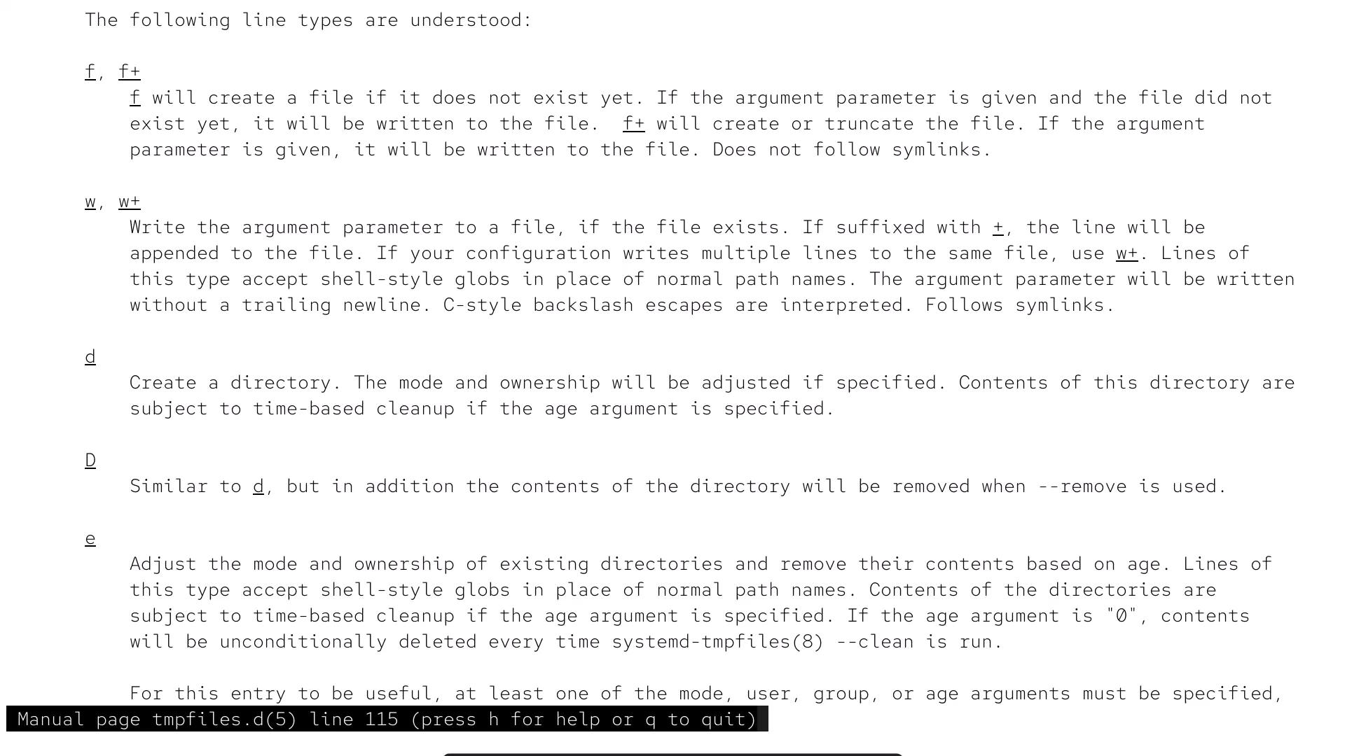 A screenshot of a Unix manual page (tmpfiles.d) showing descriptions of line types like f, f+, w, w+, d, and D with explanatory text. A pager footer reads "Manual page tmpfiles.d(5) line 115 (press h for help or q to quit)".